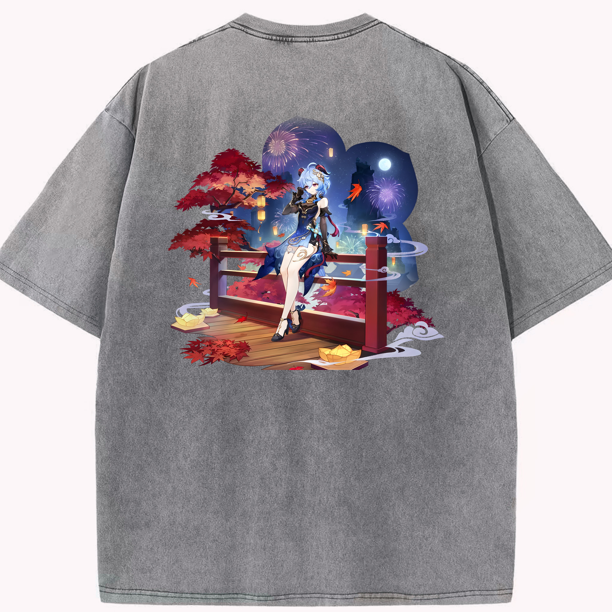 げんし神 甘雨 かんう genshin Ganyu 綿100% ヴィンテージ風 半袖Tシャツ（背面プリント）