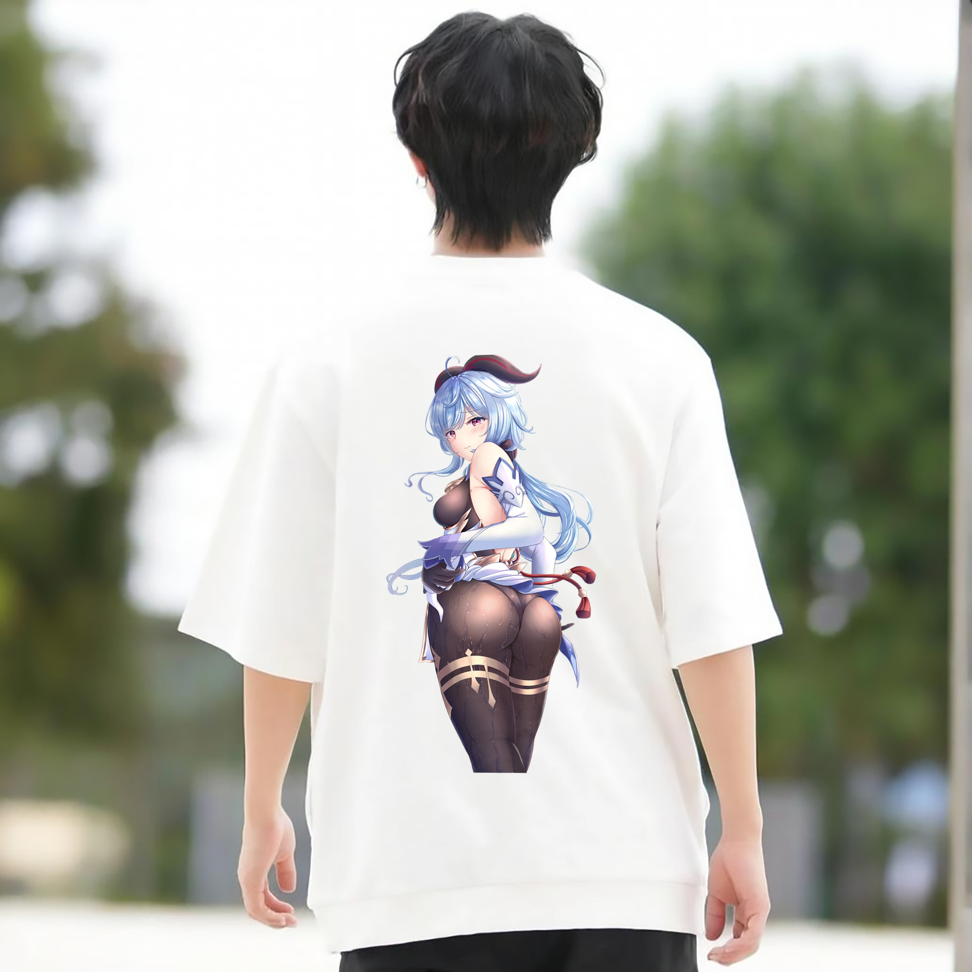 げんし神 甘雨 かんう genshin Ganyu 綿100％ メンズ半袖Tシャツ（バックプリント） 通気性