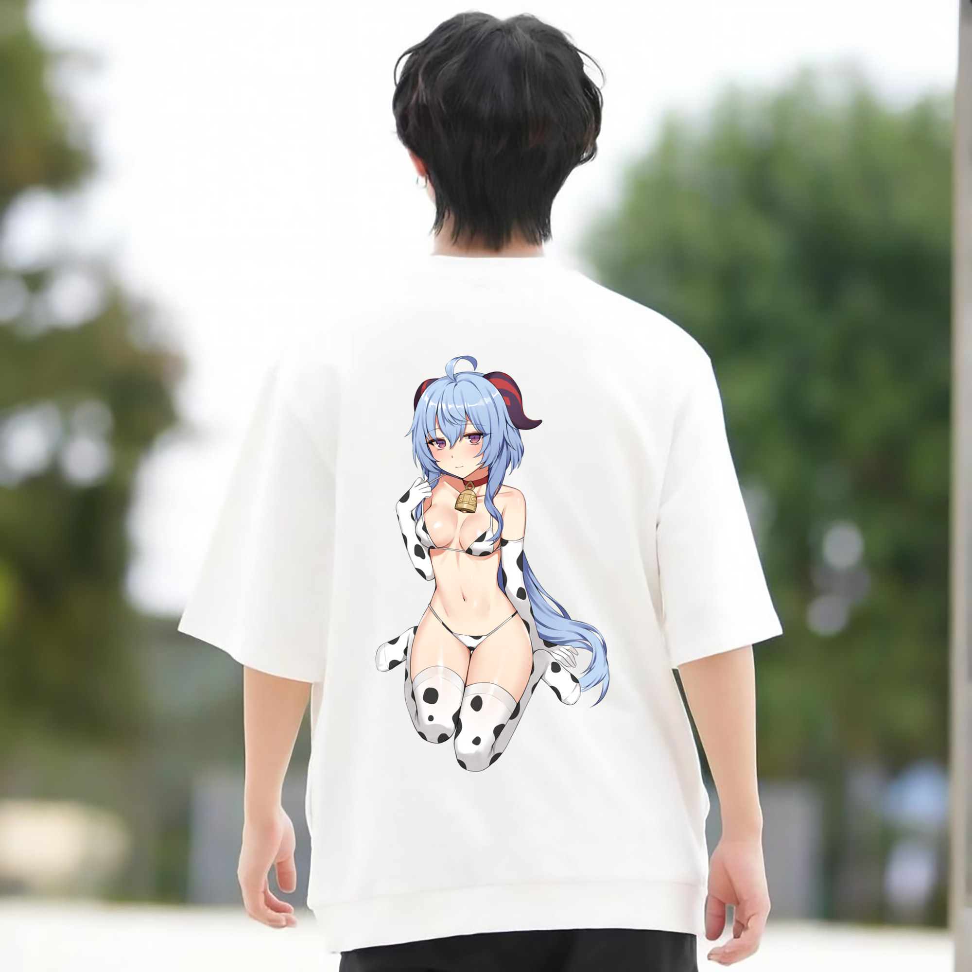 げんし神 甘雨 かんう genshin Ganyu 綿100％ メンズ半袖Tシャツ（バックプリント） 通気性