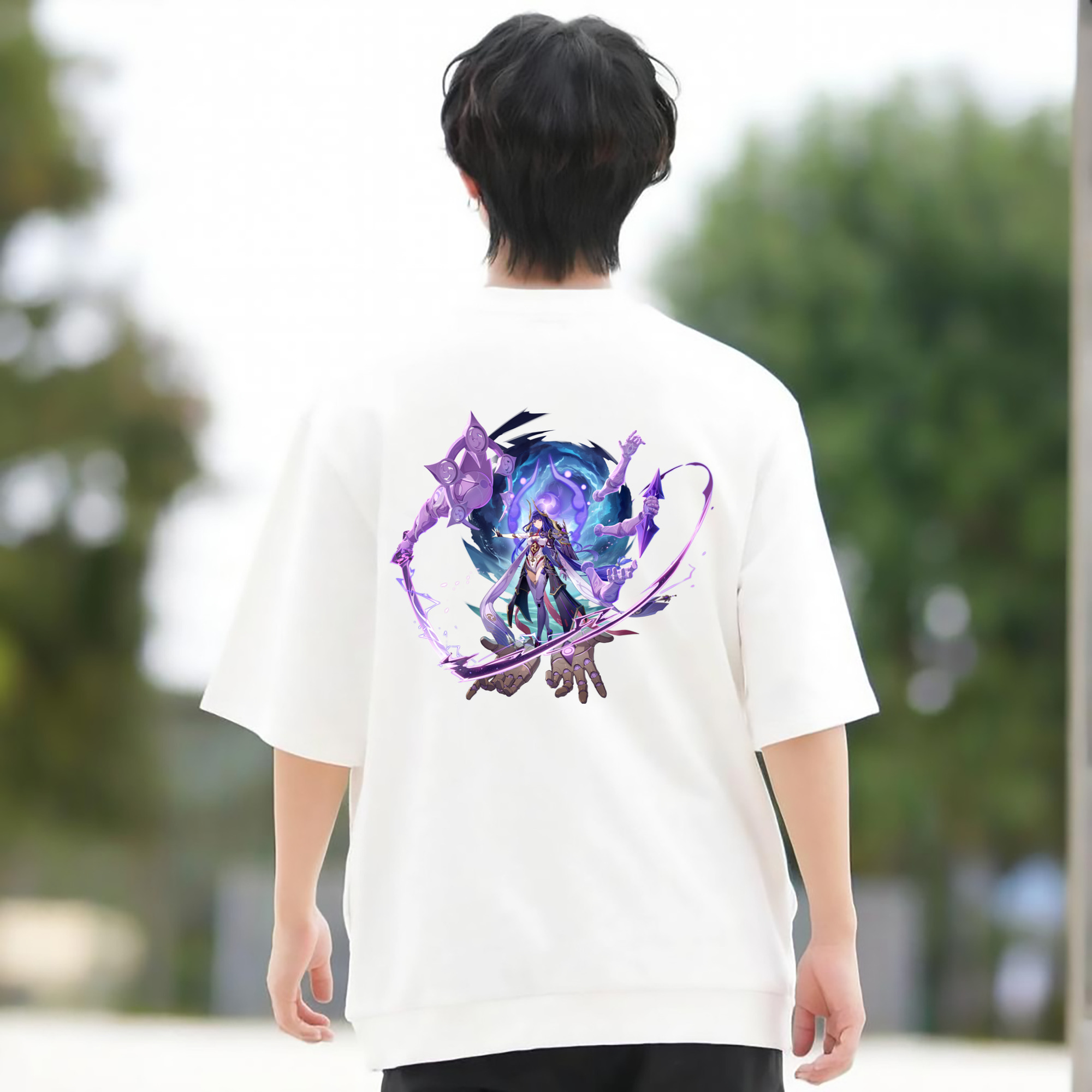 げんし神 雷電将軍 らいでんしょうぐん genshin Raiden Shogun 綿100％ メンズ半袖Tシャツ（バックプリント） 通気性