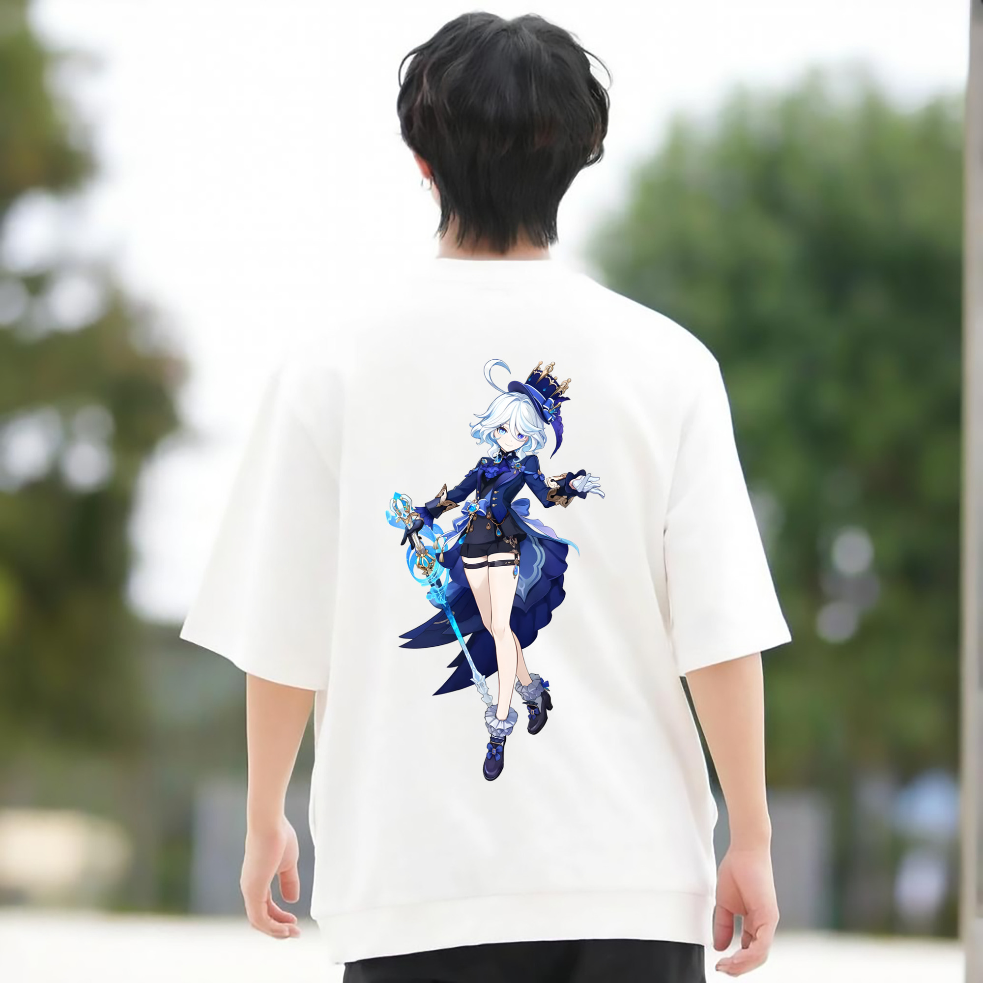 げんし神 フリーナ genshin Furina 綿100％ メンズ半袖Tシャツ（バックプリント） 通気性