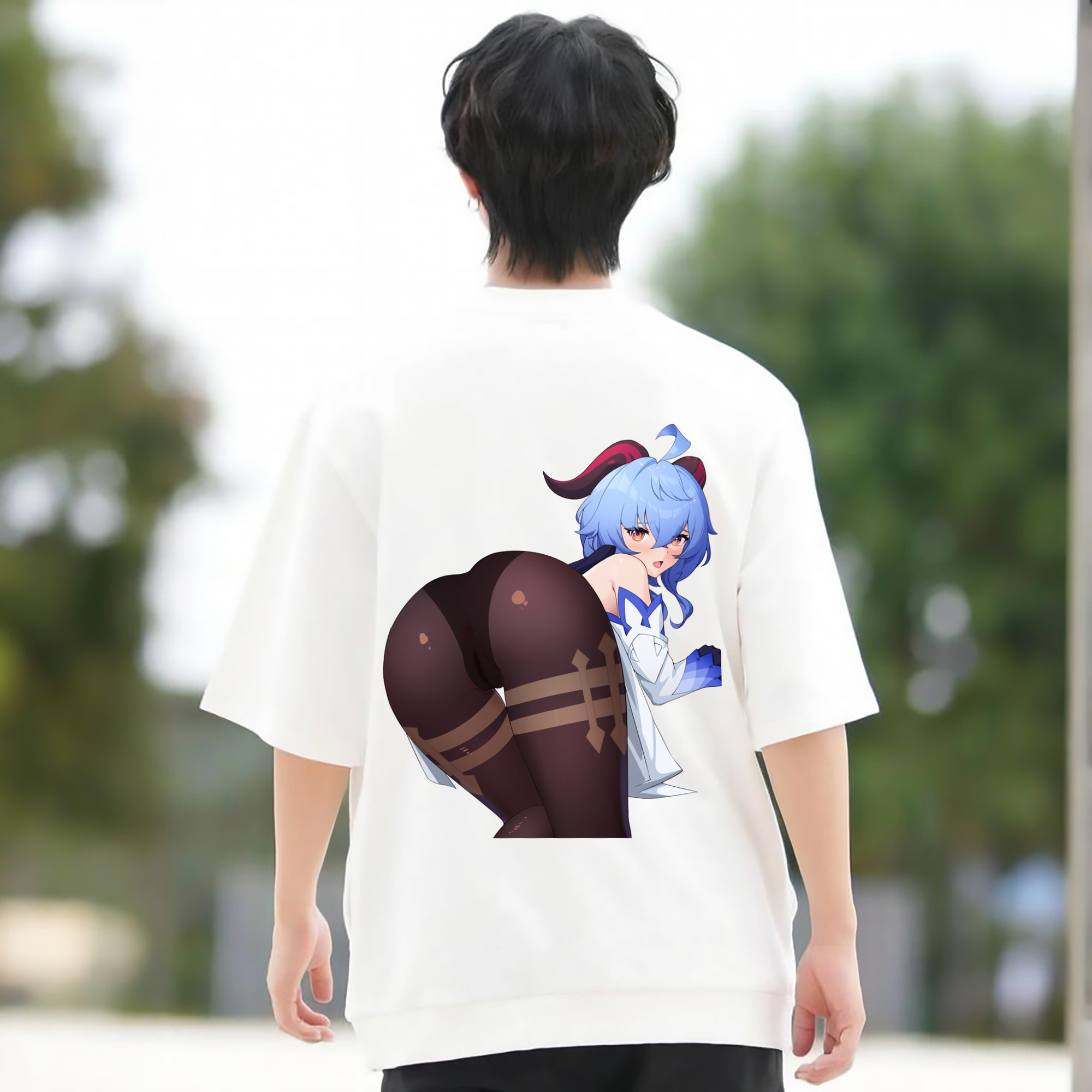 げんし神 甘雨 かんう genshin Ganyu 綿100％ メンズ半袖Tシャツ（バックプリント） 通気性