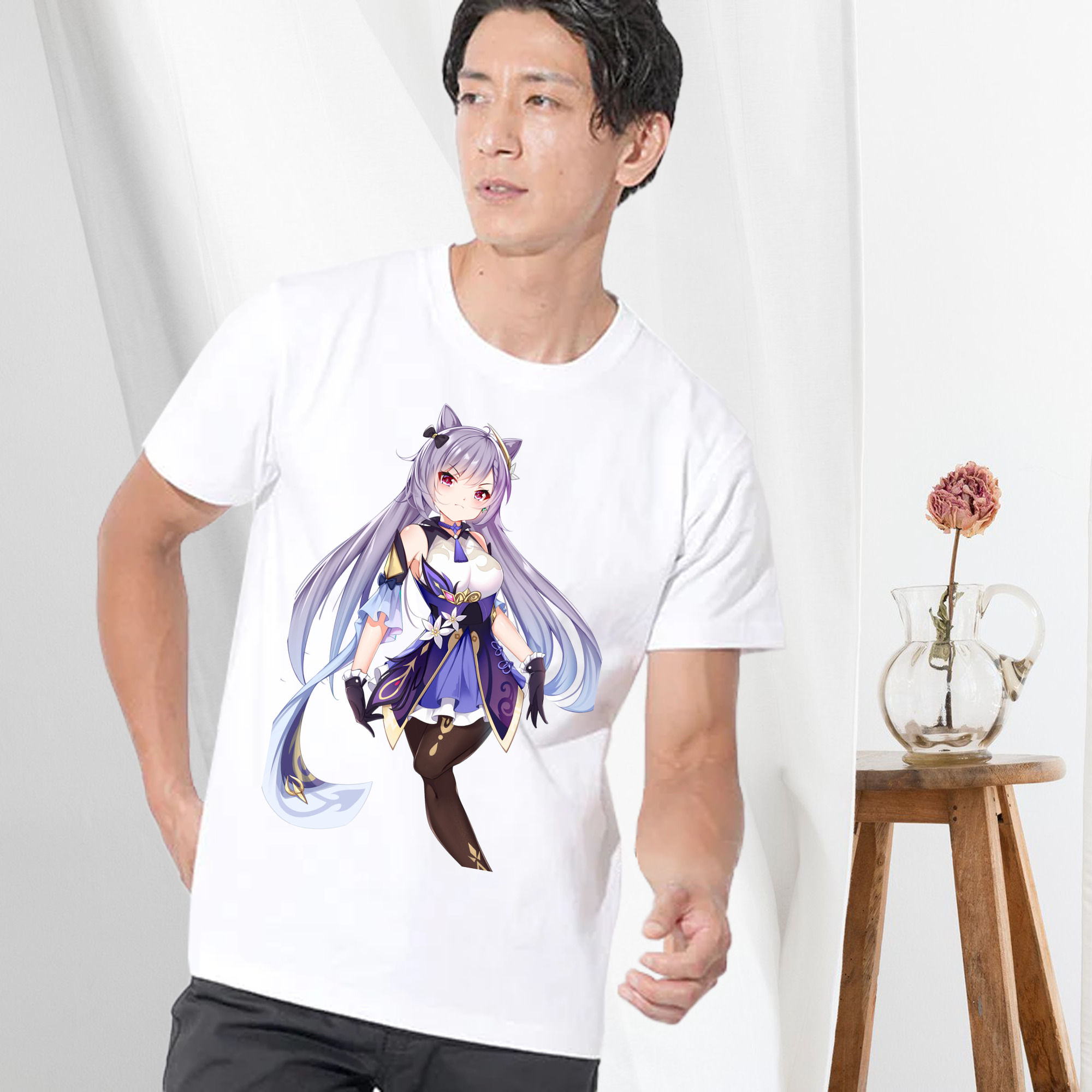 げんし神 刻晴 こくせい genshin Kokusei 綿100％ メンズ半袖Tシャツ｜肌触りやわらか＆通気性