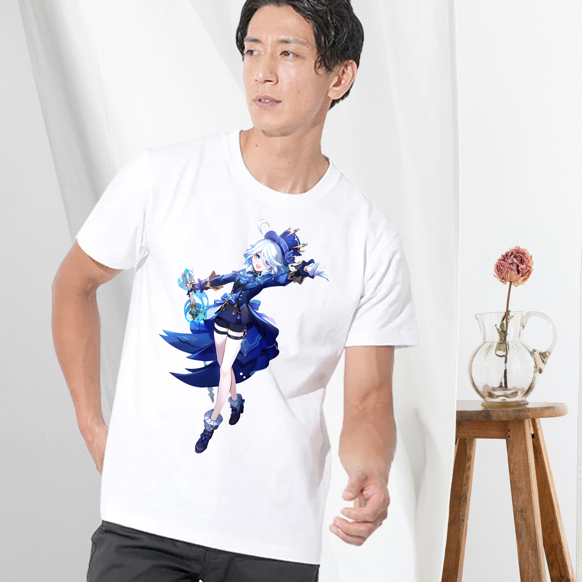 げんし神 フリーナ genshin Furina 綿100％ メンズ半袖Tシャツ｜肌触りやわらか＆通気性