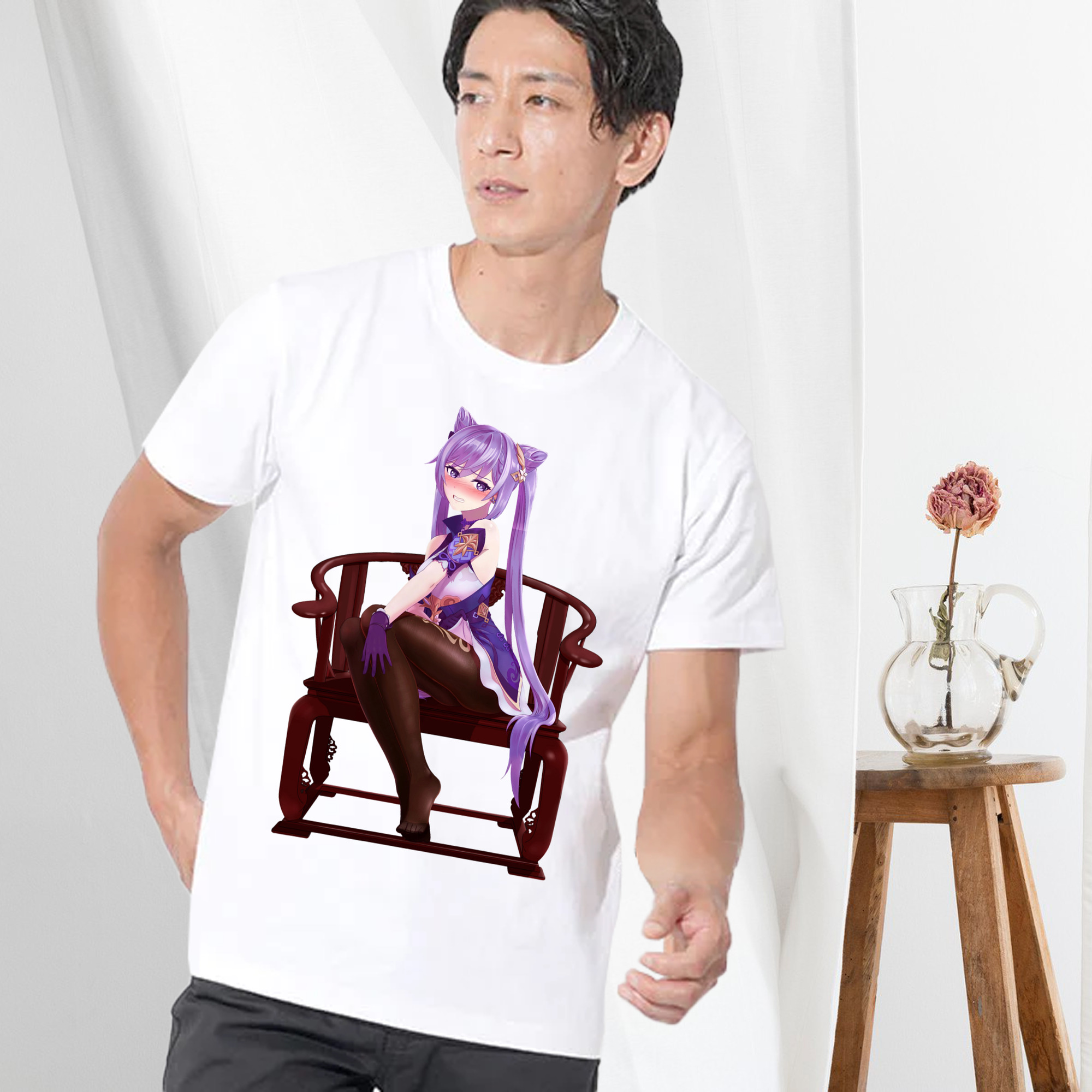 げんし神 刻晴 こくせい genshin Kokusei 綿100％ メンズ半袖Tシャツ｜肌触りやわらか＆通気性