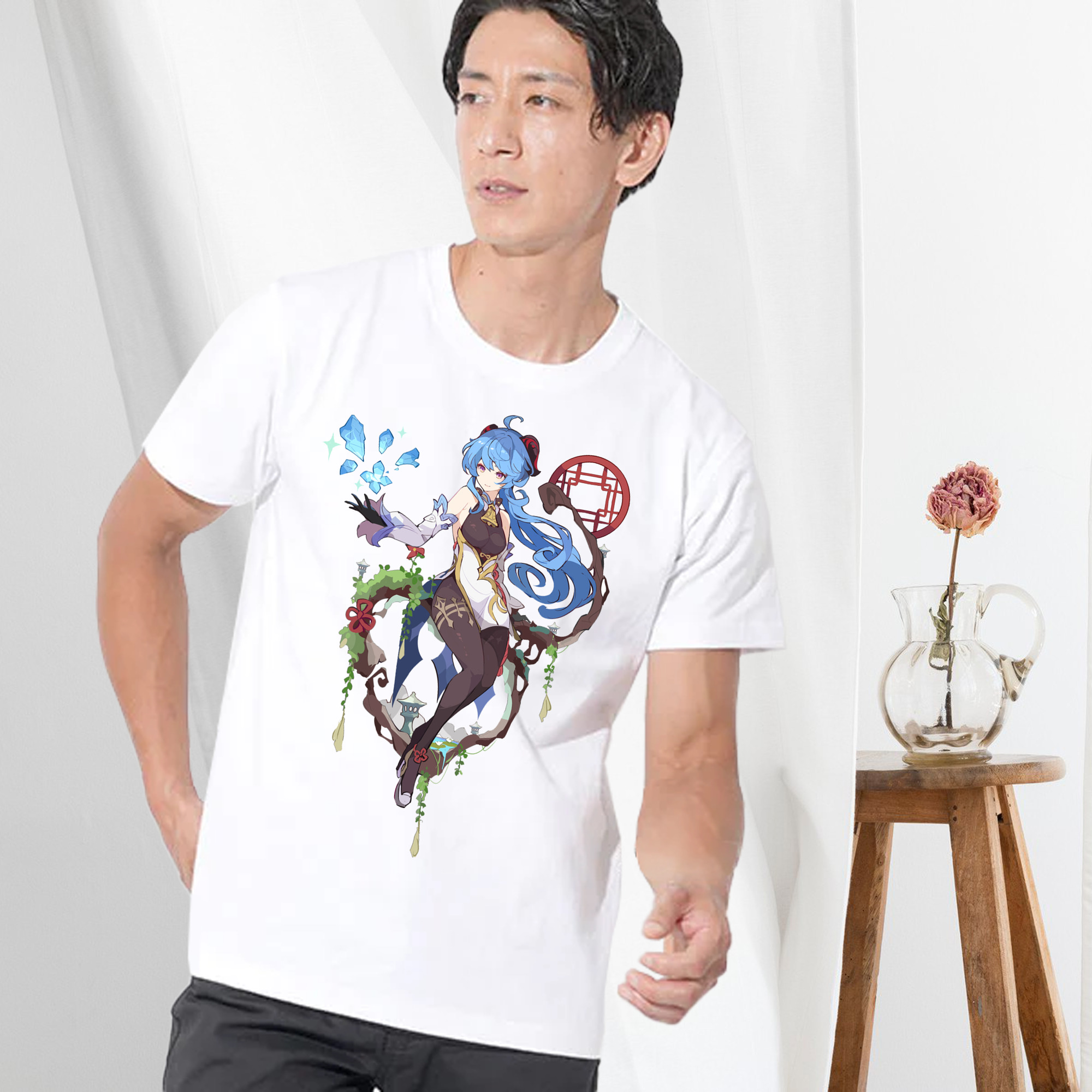 げんし神 甘雨 かんう genshin Ganyu 綿100％ メンズ半袖Tシャツ｜肌触りやわらか＆通気性