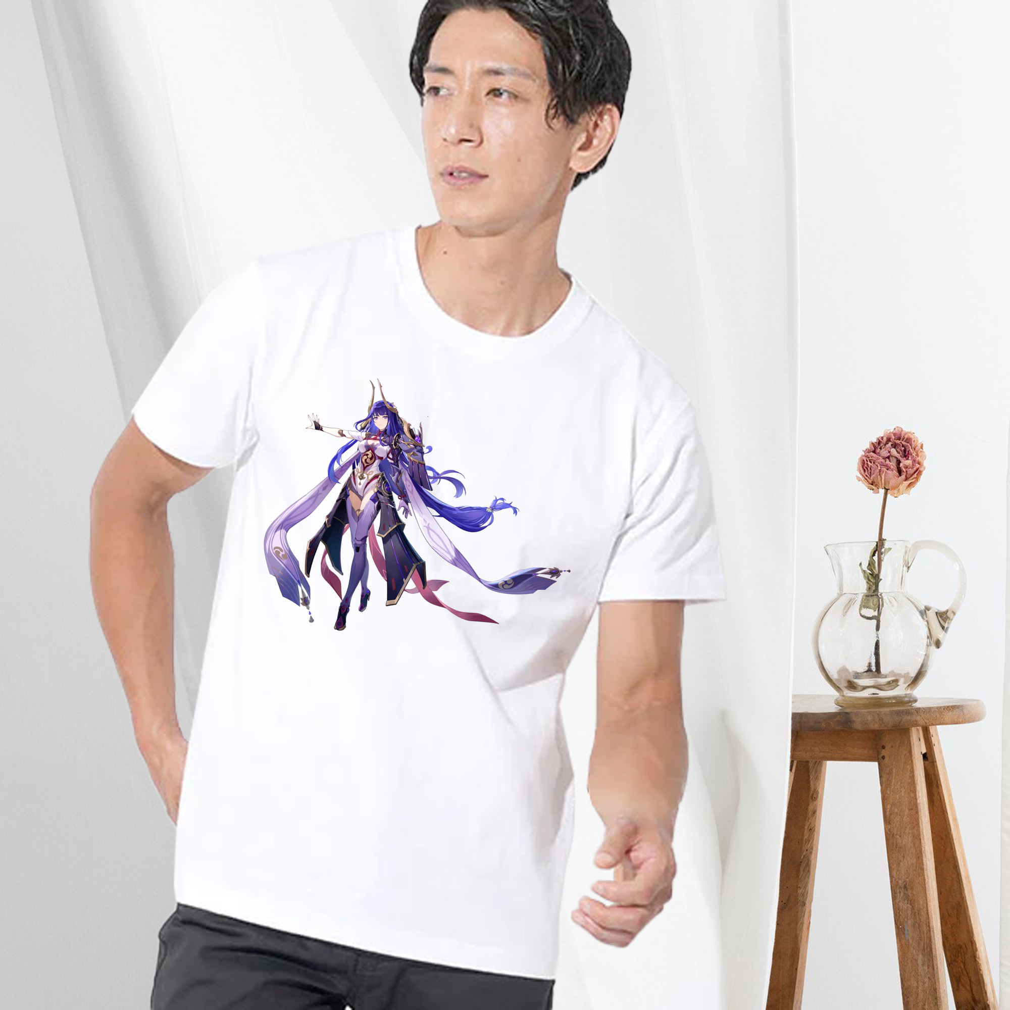 げんし神 雷電将軍 らいでんしょうぐん genshin Raiden Shogun 綿100％ メンズ半袖Tシャツ｜肌触りやわらか＆通気性