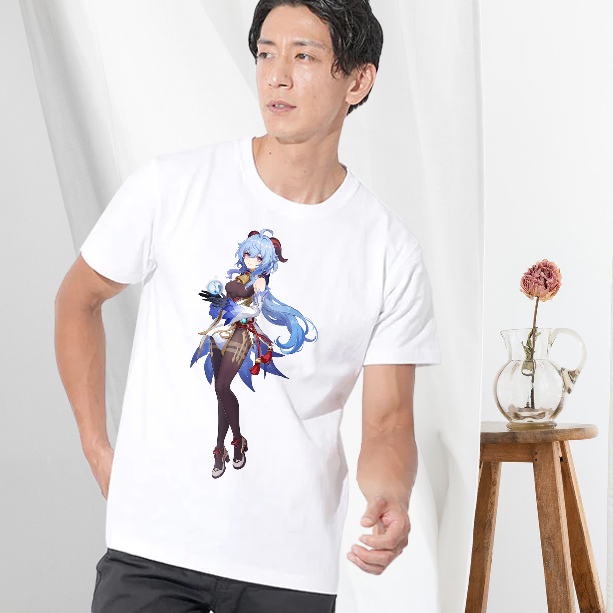 げんし神 甘雨 かんう genshin Ganyu 綿100％ メンズ半袖Tシャツ｜肌触りやわらか＆通気性