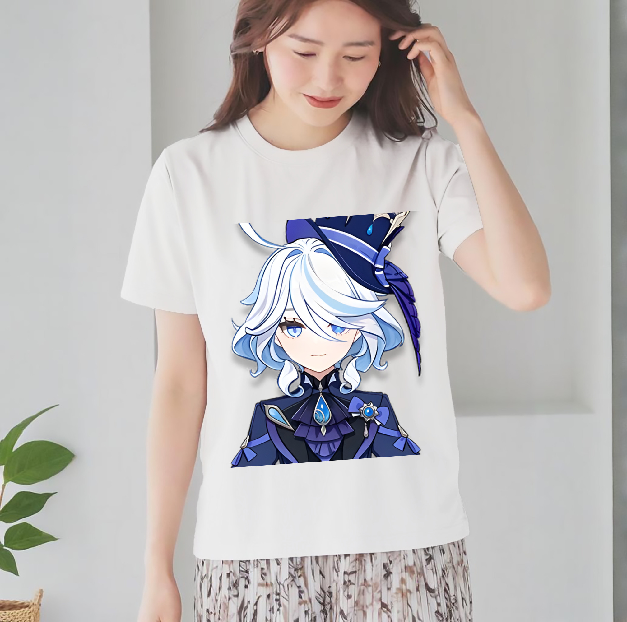 げんし神 フリーナ genshin Furina レディースカジュアルプリントTシャツ（綿100％）
