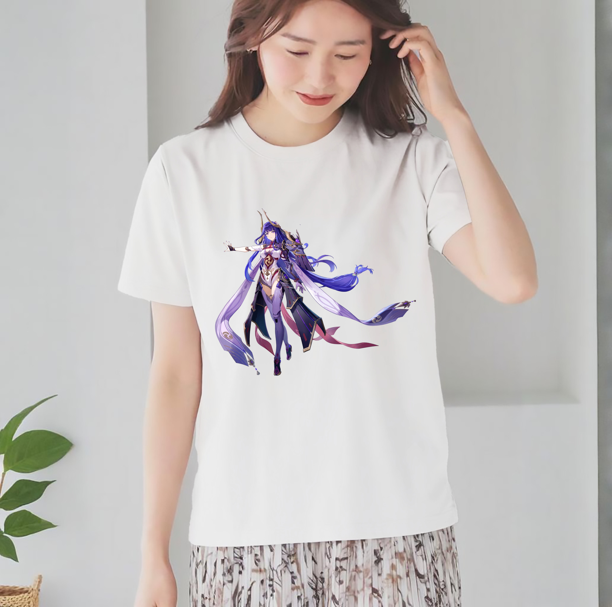 げんし神 雷電将軍 らいでんしょうぐん genshin Raiden Shogun レディースカジュアルプリントTシャツ（綿100％）