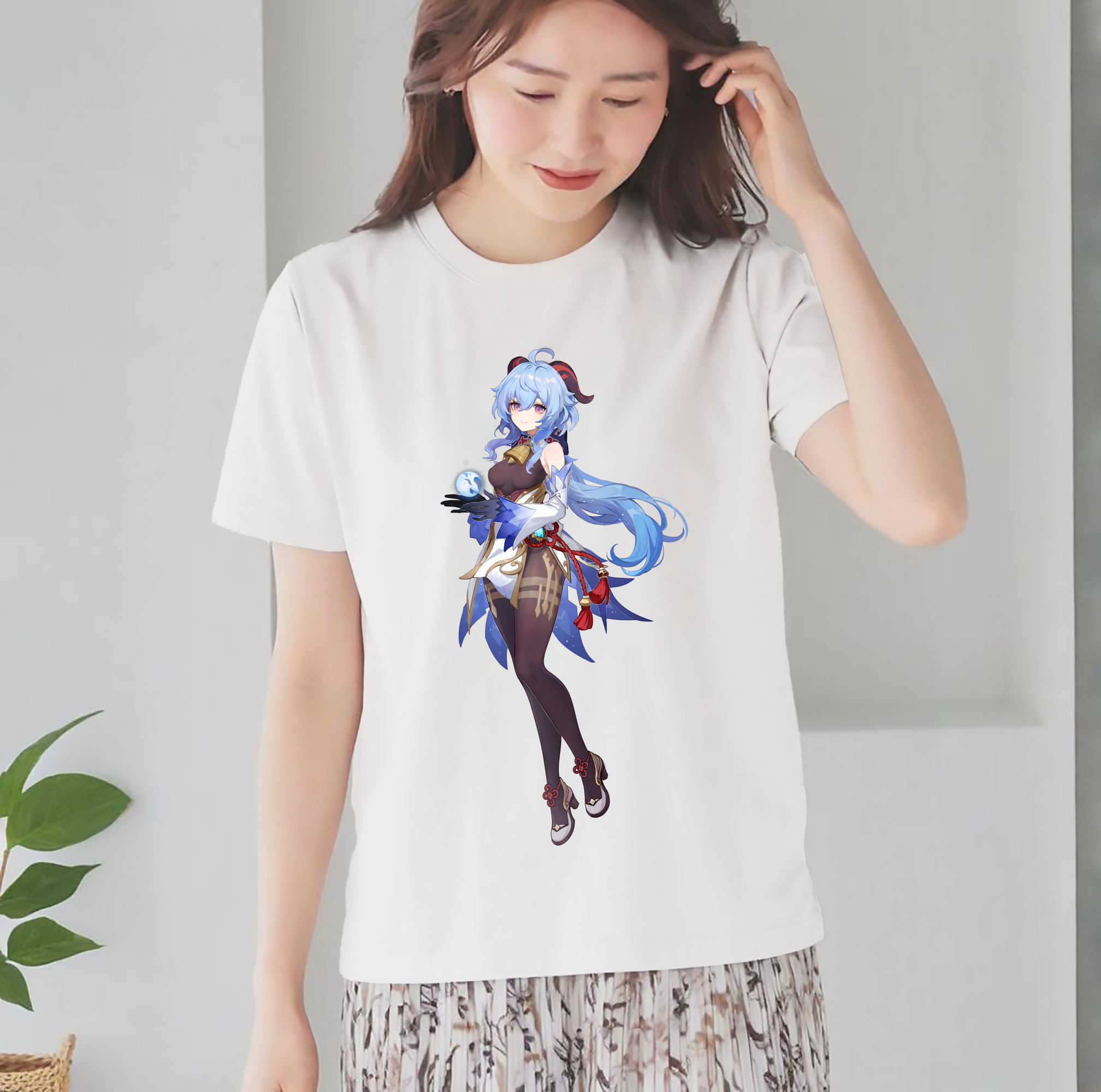 げんし神 甘雨 かんう genshin Ganyu レディースカジュアルプリントTシャツ（綿100％）