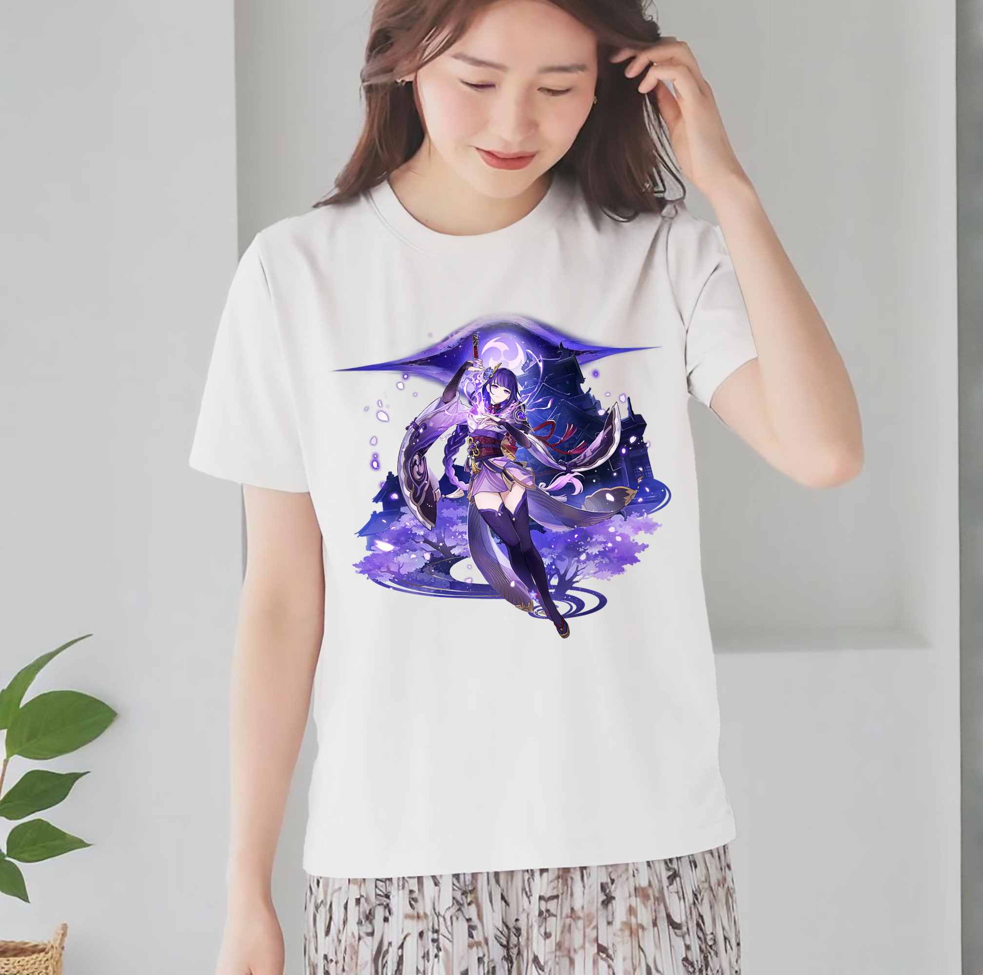 げんし神 雷電将軍 らいでんしょうぐん genshin Raiden Shogun レディースカジュアルプリントTシャツ（綿100％）