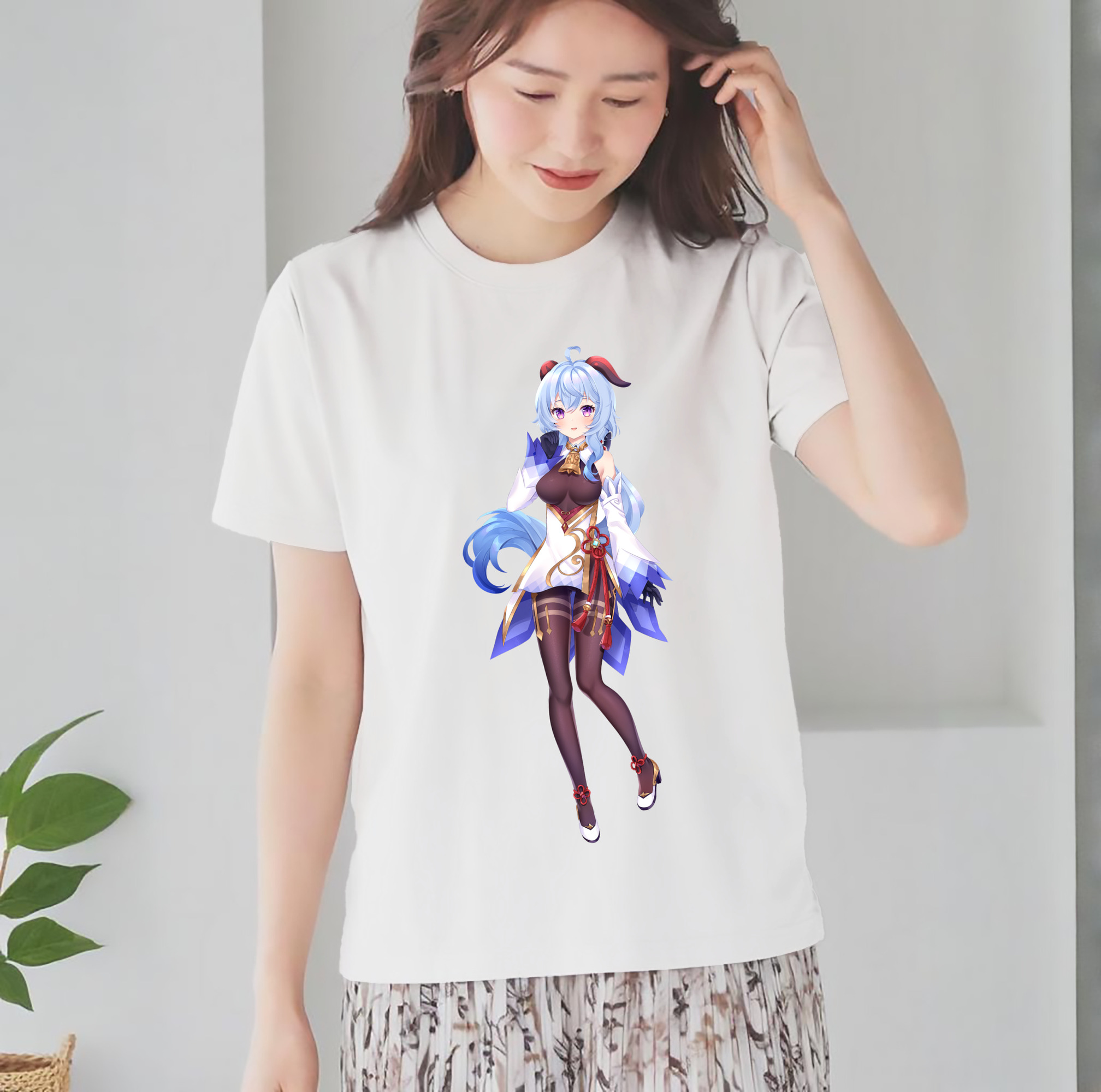 げんし神 甘雨 かんう genshin Ganyu レディースカジュアルプリントTシャツ（綿100％）