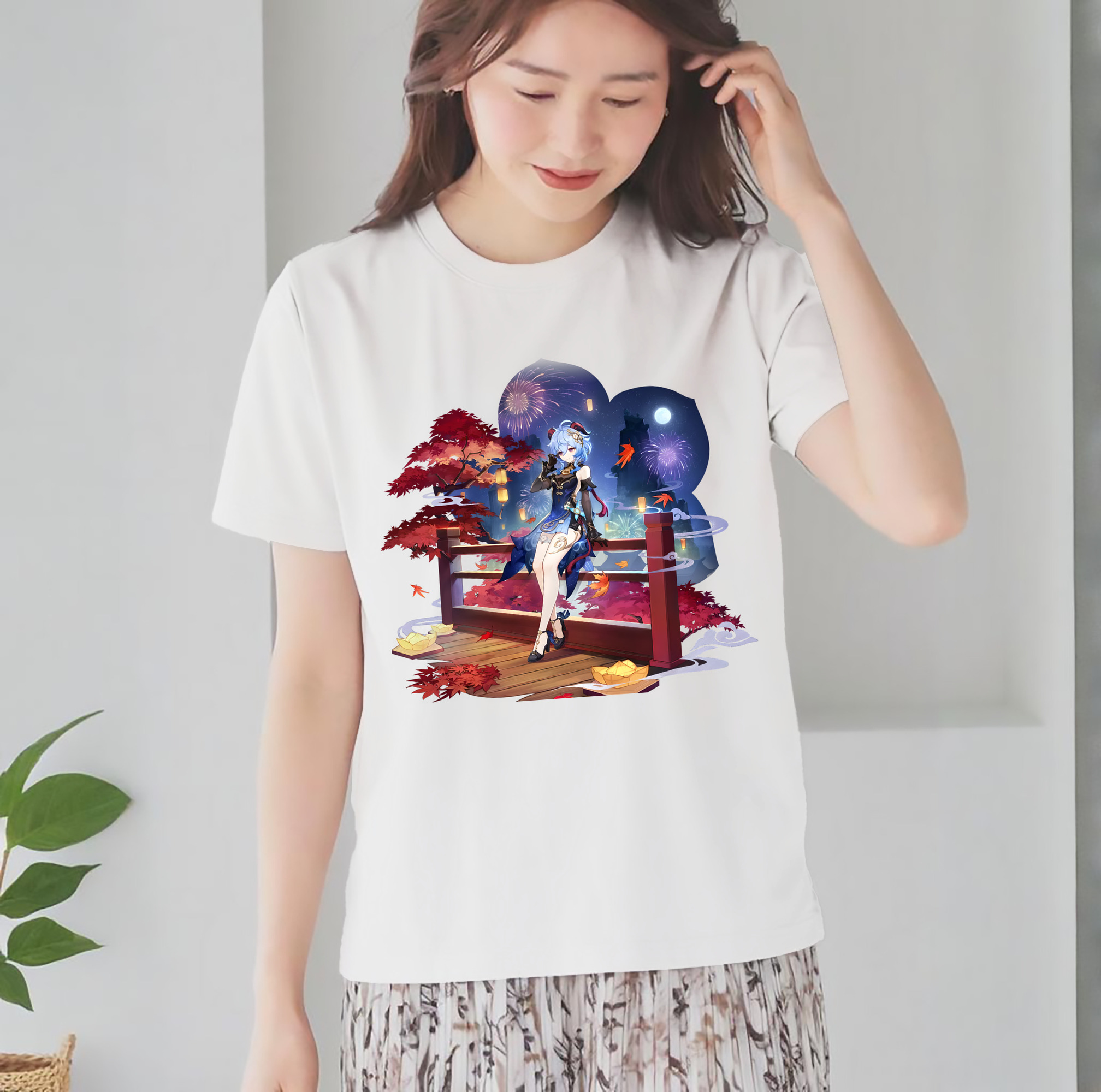 げんし神 甘雨 かんう genshin Ganyu レディースカジュアルプリントTシャツ（綿100％）