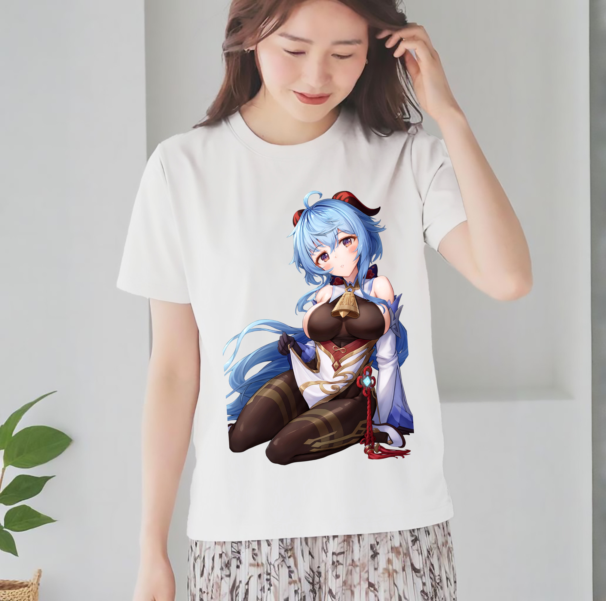 げんし神 甘雨 かんう genshin Ganyu レディースカジュアルプリントTシャツ（綿100％）