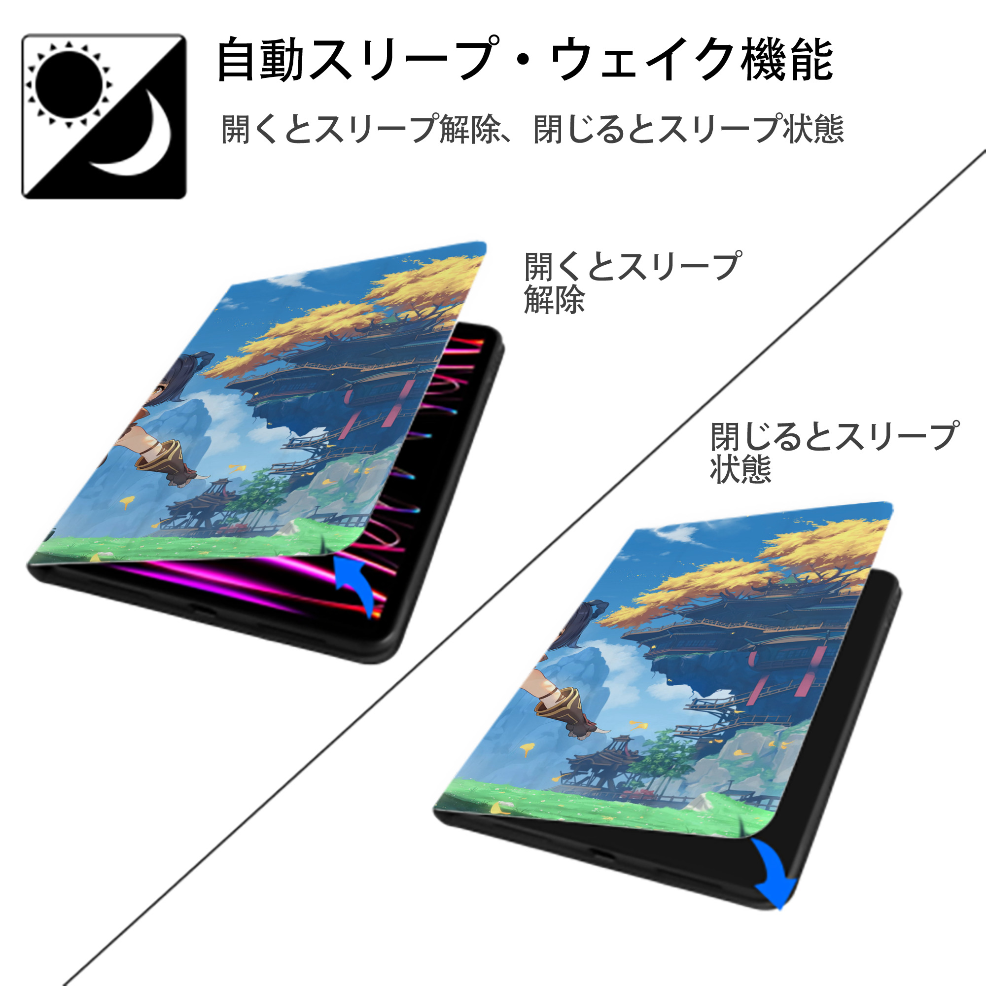 げんし神 genshin IPad ケース ブック型 PUレザー TPU 耐衝撃 軽量 薄型 ペン収納なし 全面保護 IPad 各モデル対応