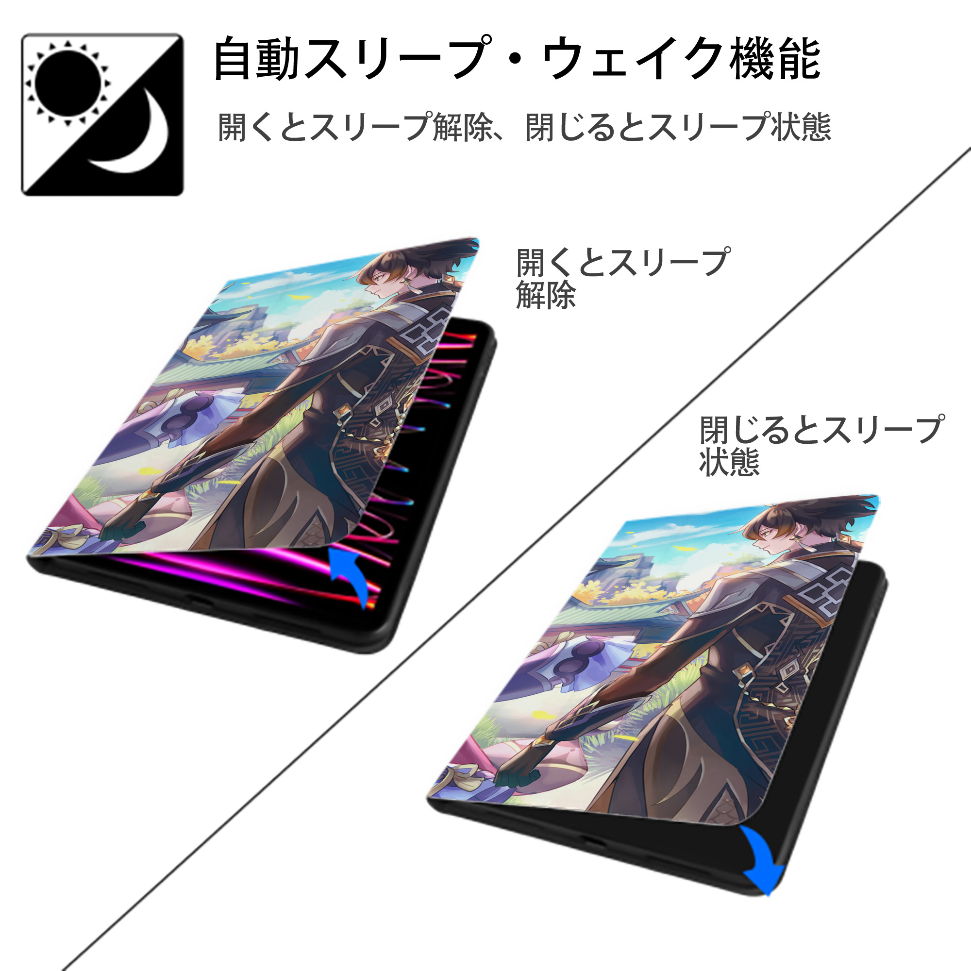 げんし神 genshin IPad ケース ブック型 PUレザー TPU 耐衝撃 軽量 薄型 ペン収納なし 全面保護 IPad 各モデル対応
