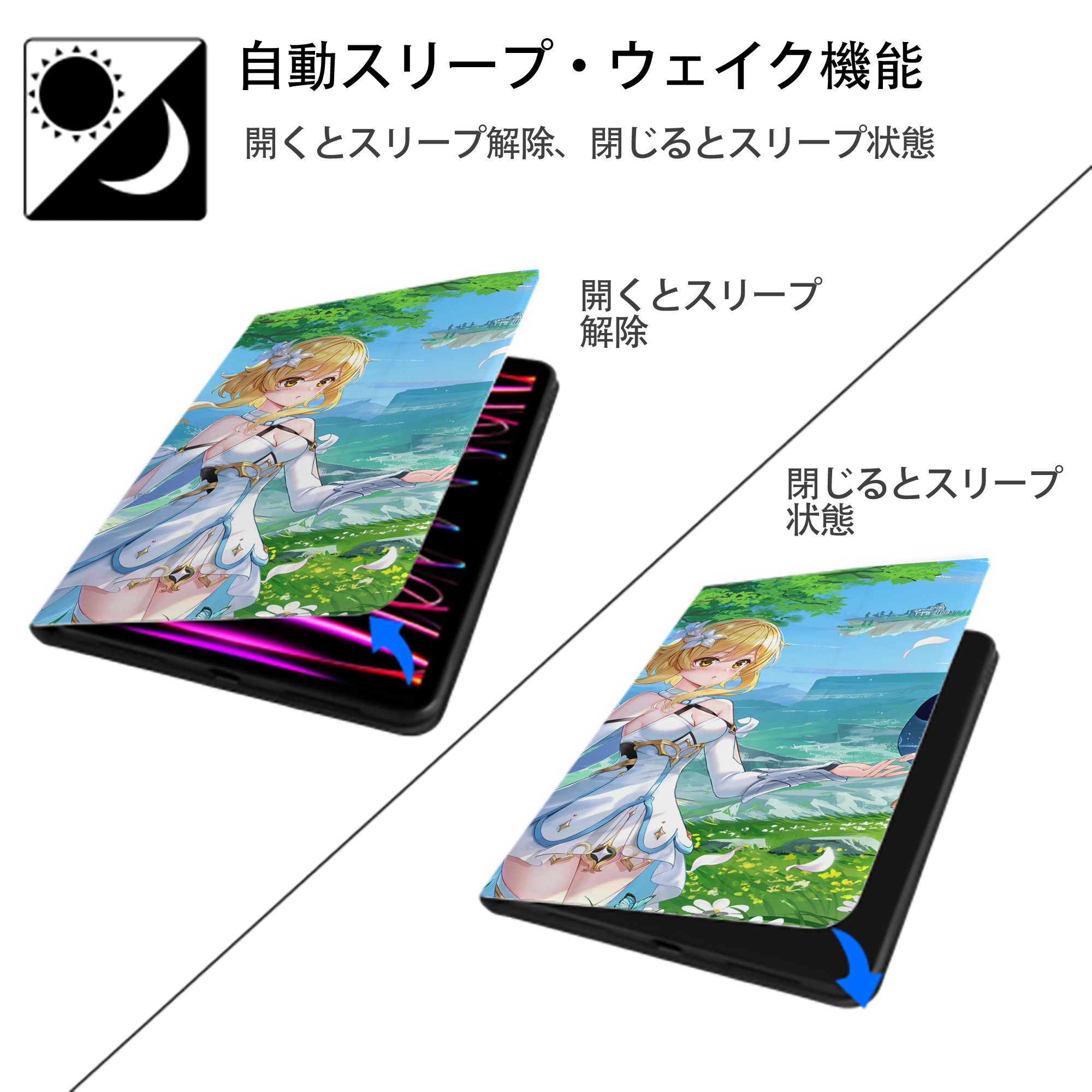 げんし神 genshin IPad ケース ブック型 PUレザー TPU 耐衝撃 軽量 薄型 ペン収納なし 全面保護 IPad 各モデル対応