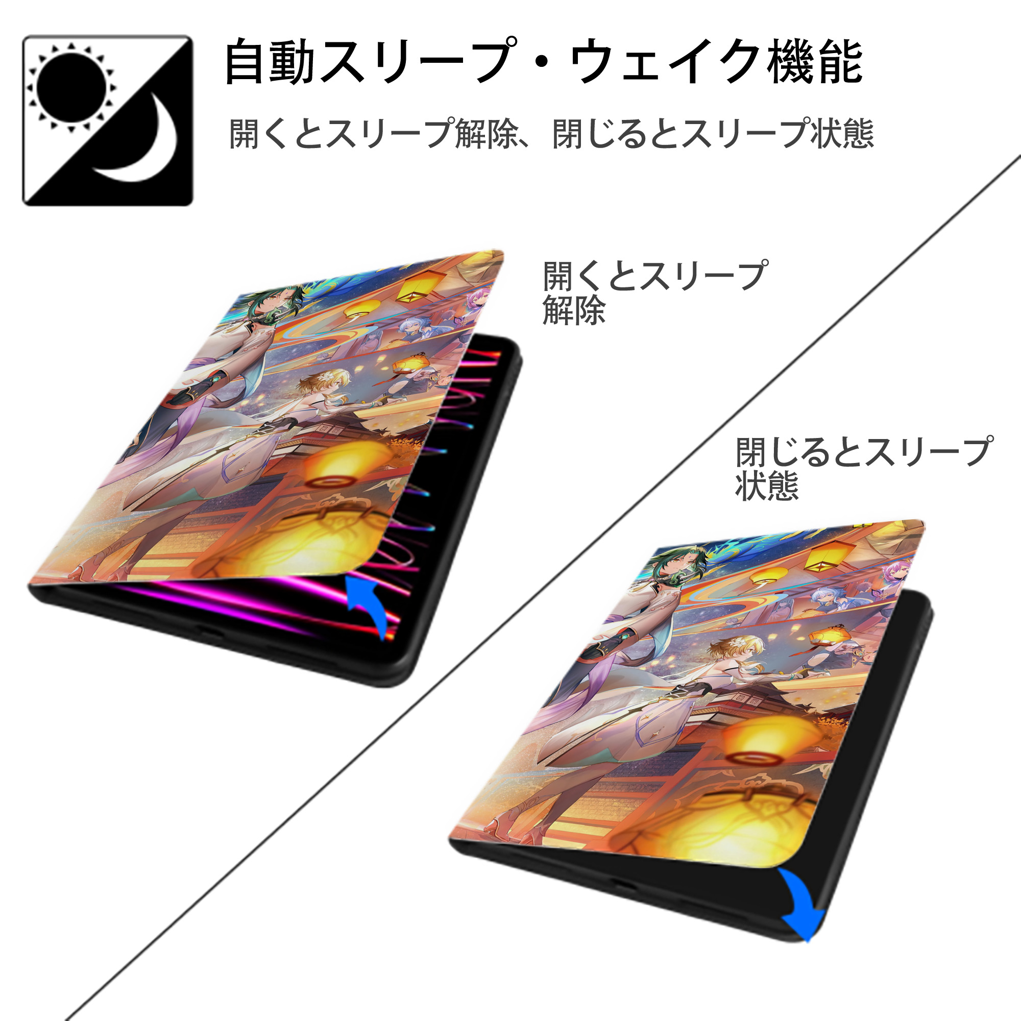 げんし神 genshin IPad ケース ブック型 PUレザー TPU 耐衝撃 軽量 薄型 ペン収納なし 全面保護 IPad 各モデル対応