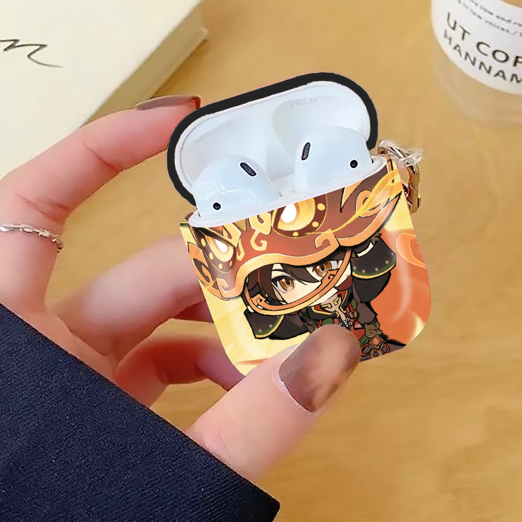 げんし神 genshin AirPods 第2世代保護ケース ハードシェル ブラック 耐衝撃・防指紋・カラビナ付き