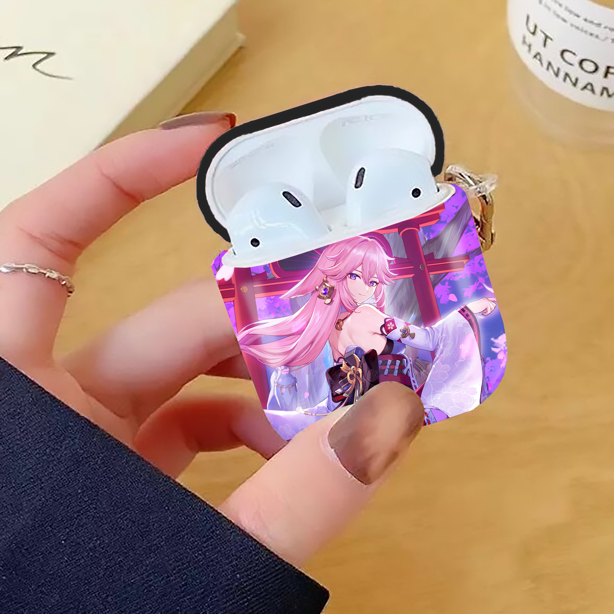 げんし神 genshin AirPods 第2世代保護ケース ハードシェル ブラック 耐衝撃・防指紋・カラビナ付き