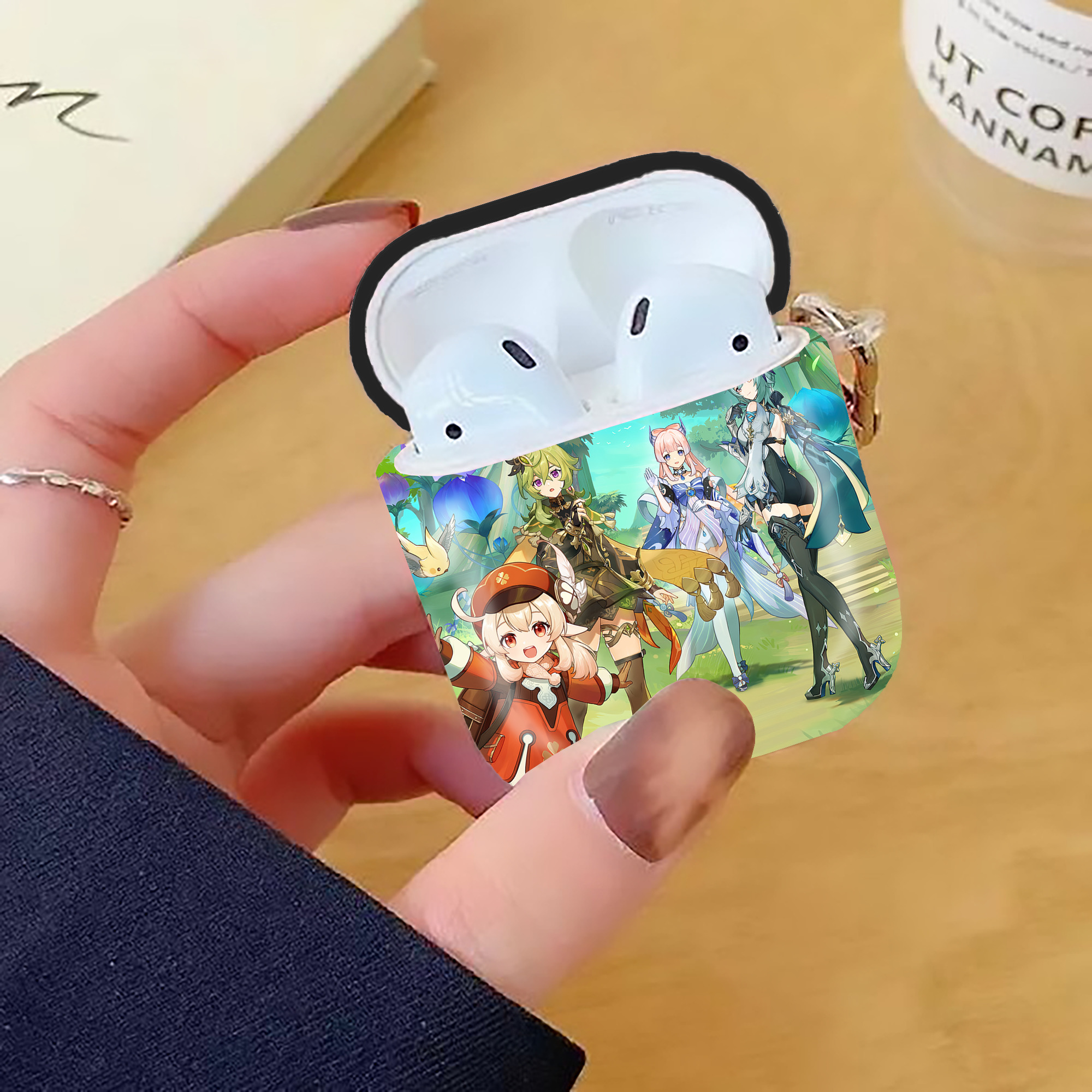 げんし神 genshin AirPods 第2世代保護ケース ハードシェル ブラック 耐衝撃・防指紋・カラビナ付き