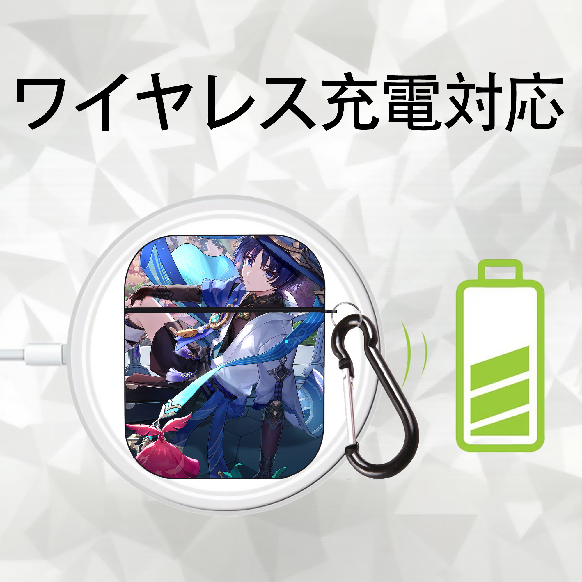 げんし神 genshin AirPods 第2世代保護ケース ハードシェル ブラック 耐衝撃・防指紋・カラビナ付き