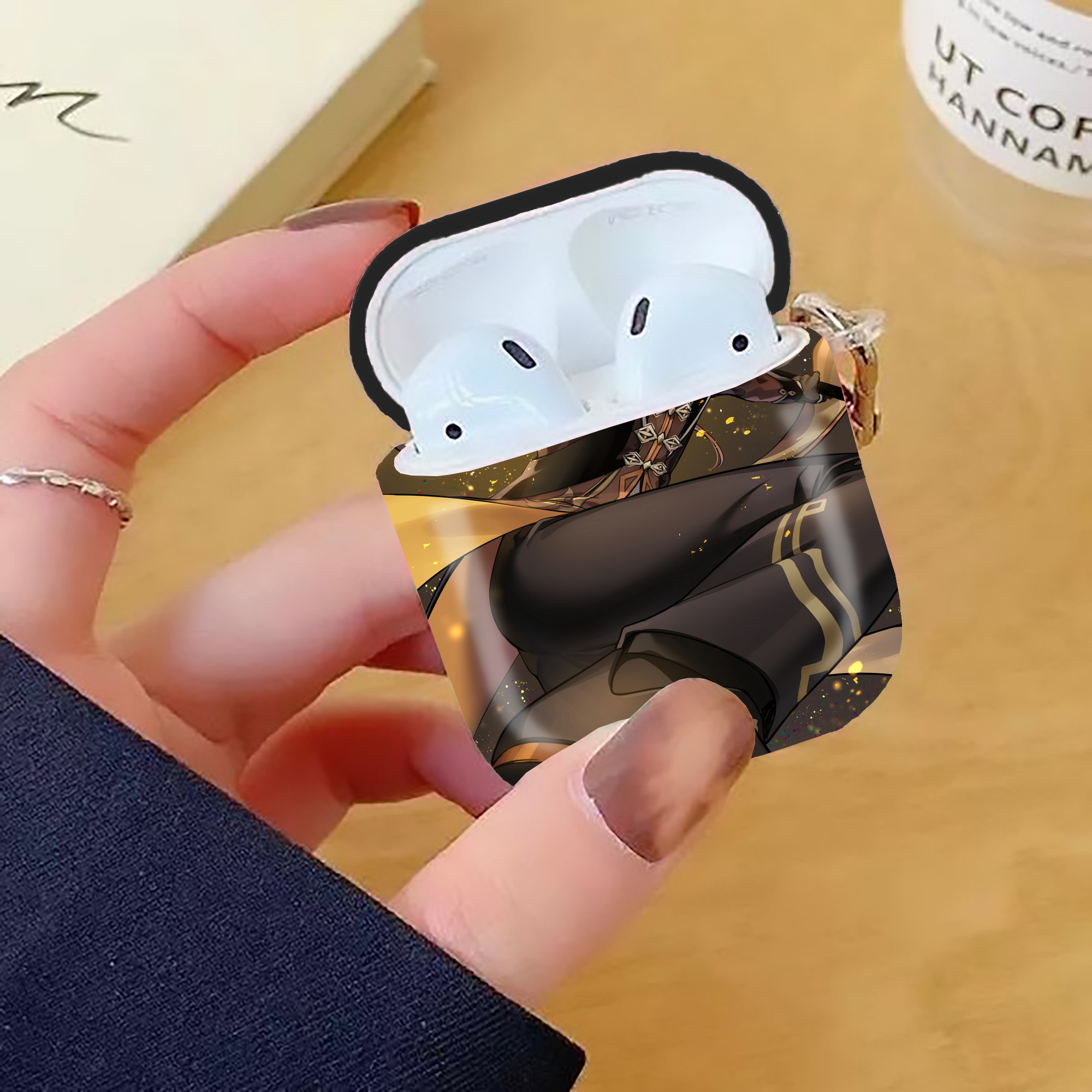 げんし神 genshin AirPods 第2世代保護ケース ハードシェル ブラック 耐衝撃・防指紋・カラビナ付き