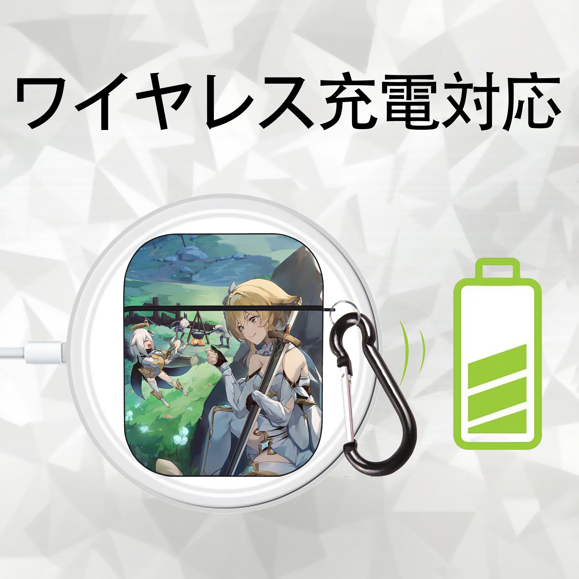 げんし神 genshin AirPods 第2世代保護ケース ハードシェル ブラック 耐衝撃・防指紋・カラビナ付き
