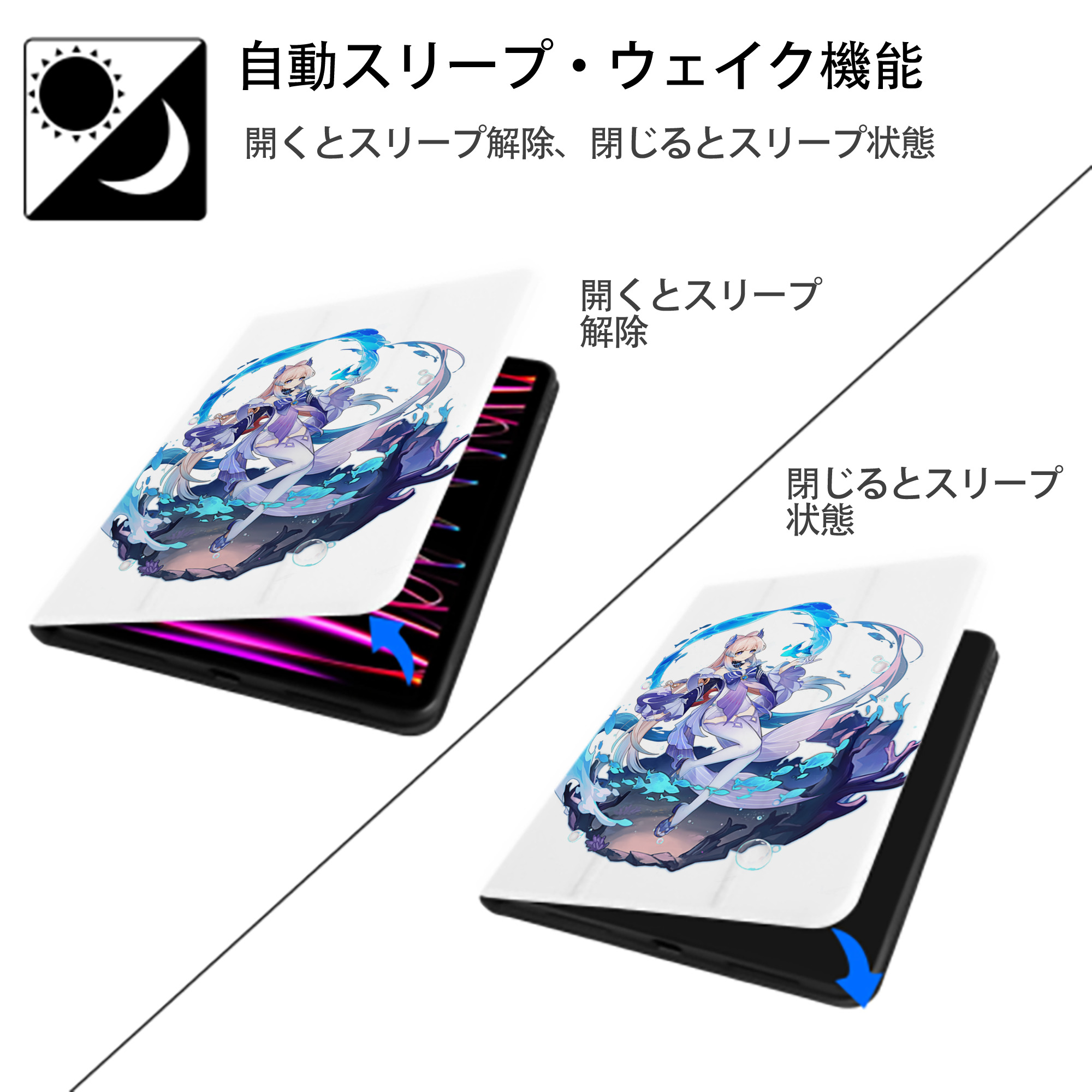 げんし神 珊瑚宮心海 サンゴノミヤ・ココミ genshin Sangonomiya Kokomi IPad ケース ペン収納付き 三つ折りスタンド PUレザー×シリコン 対応機種9.5/10.5/10.9インチ