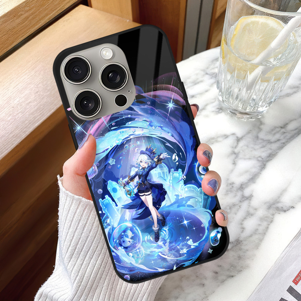 げんし神 フリーナ genshin Furina 【iPhone15Pro対応】スマホケース 耐衝撃＆黄変防止 背面ガラス