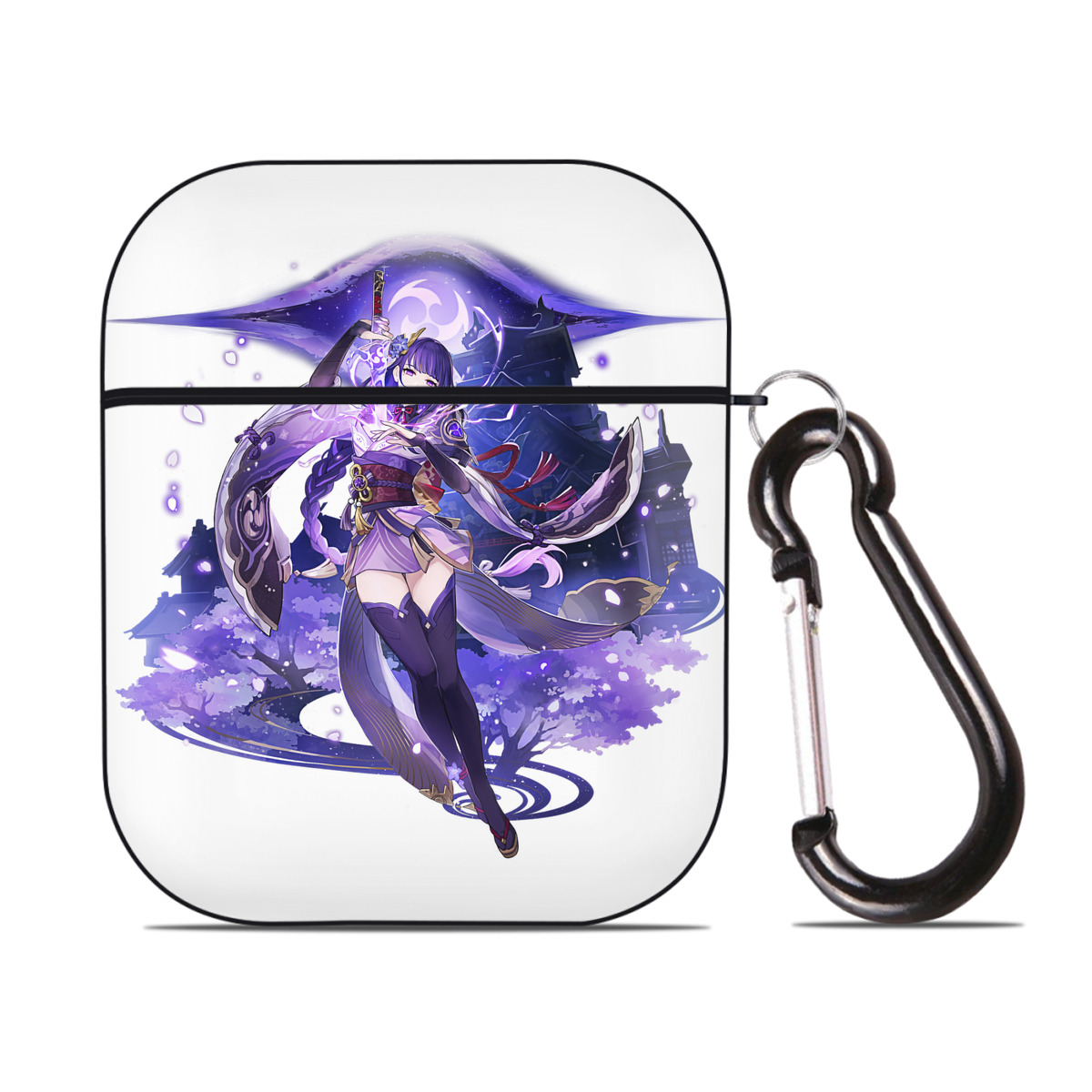 げんし神 雷電将軍 らいでんしょうぐん genshin Raiden Shogun AirPods 第2世代保護ケース ハードシェル ブラック 耐衝撃・防指紋・カラビナ付き