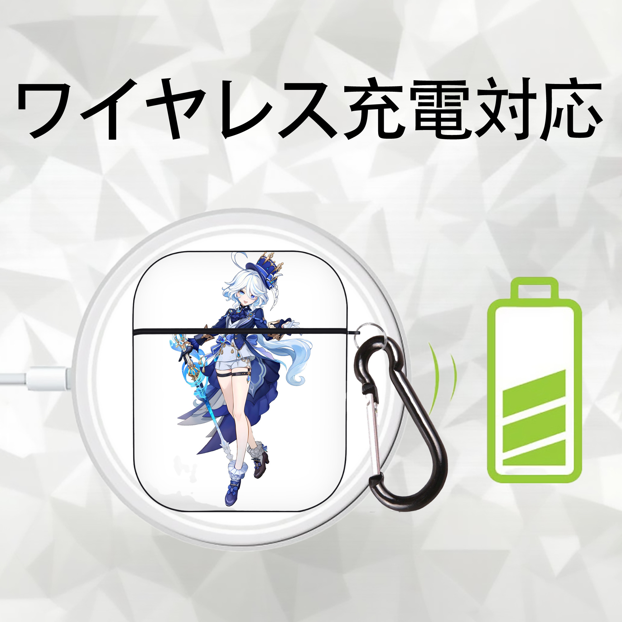 げんし神 フリーナ genshin Furina AirPods 第2世代保護ケース ハードシェル ブラック 耐衝撃・防指紋・カラビナ付き