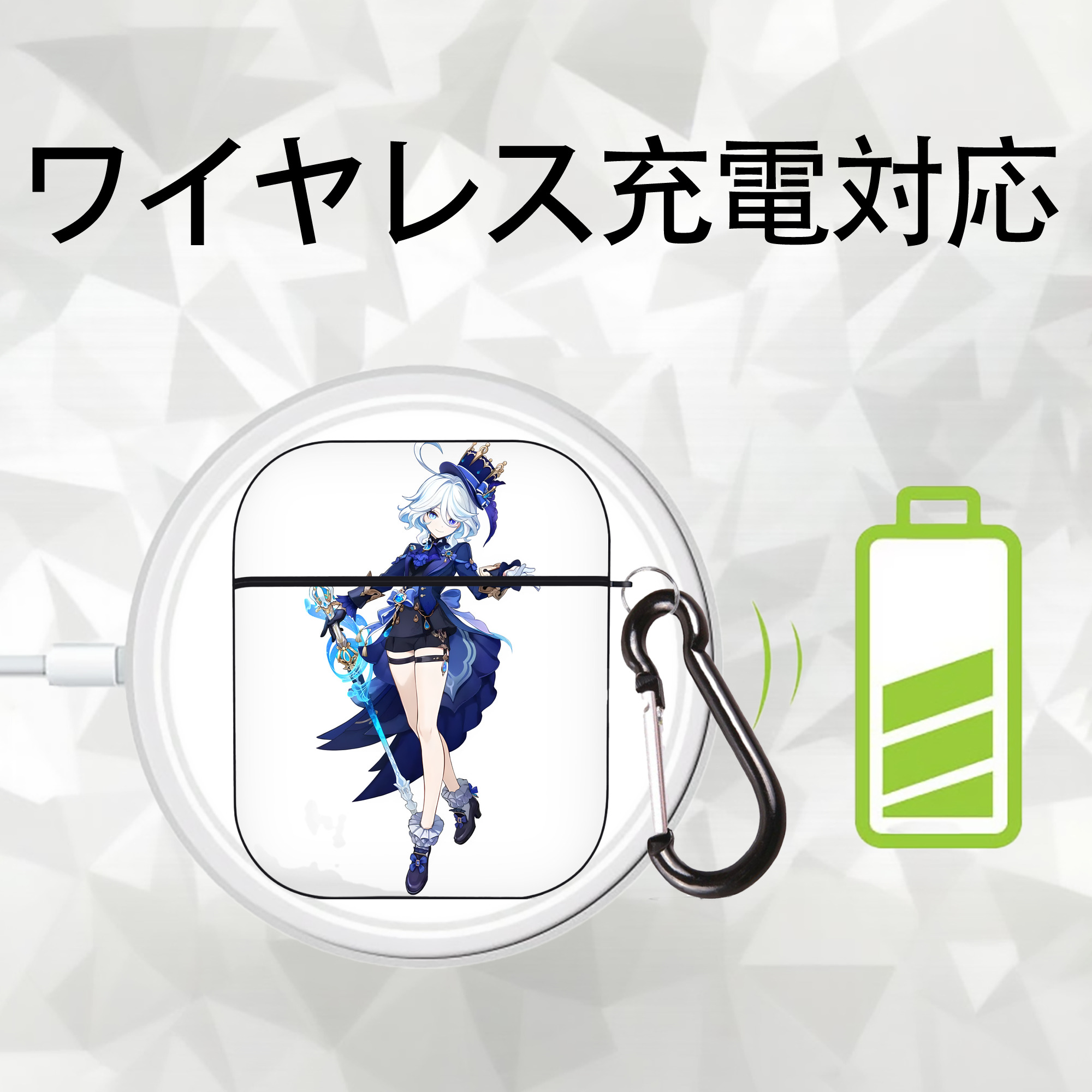 げんし神 フリーナ genshin Furina AirPods 第2世代保護ケース ハードシェル ブラック 耐衝撃・防指紋・カラビナ付き