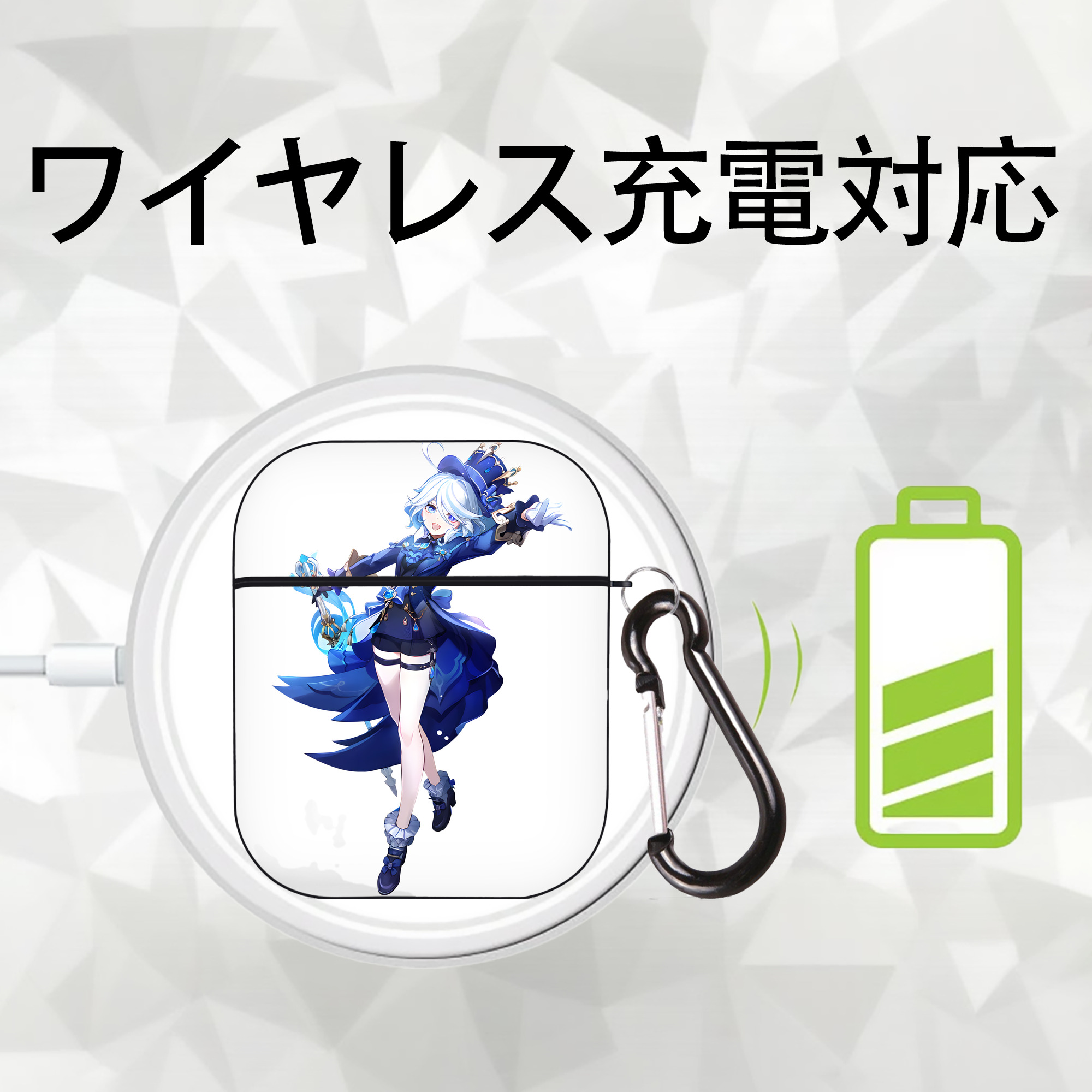 げんし神 フリーナ genshin Furina AirPods 第2世代保護ケース ハードシェル ブラック 耐衝撃・防指紋・カラビナ付き