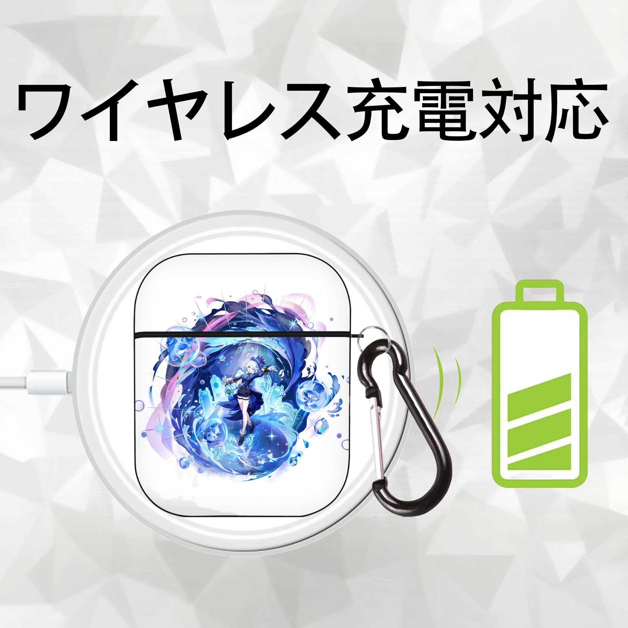 げんし神 フリーナ genshin Furina AirPods 第2世代保護ケース ハードシェル ブラック 耐衝撃・防指紋・カラビナ付き