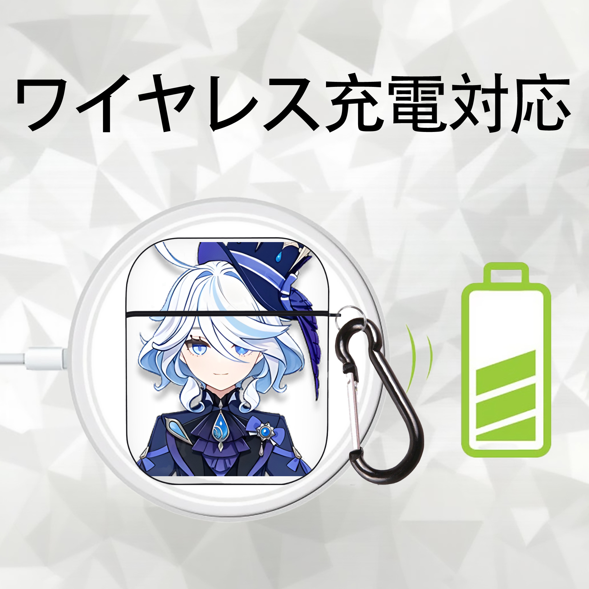 げんし神 フリーナ genshin Furina AirPods 第2世代保護ケース ハードシェル ブラック 耐衝撃・防指紋・カラビナ付き