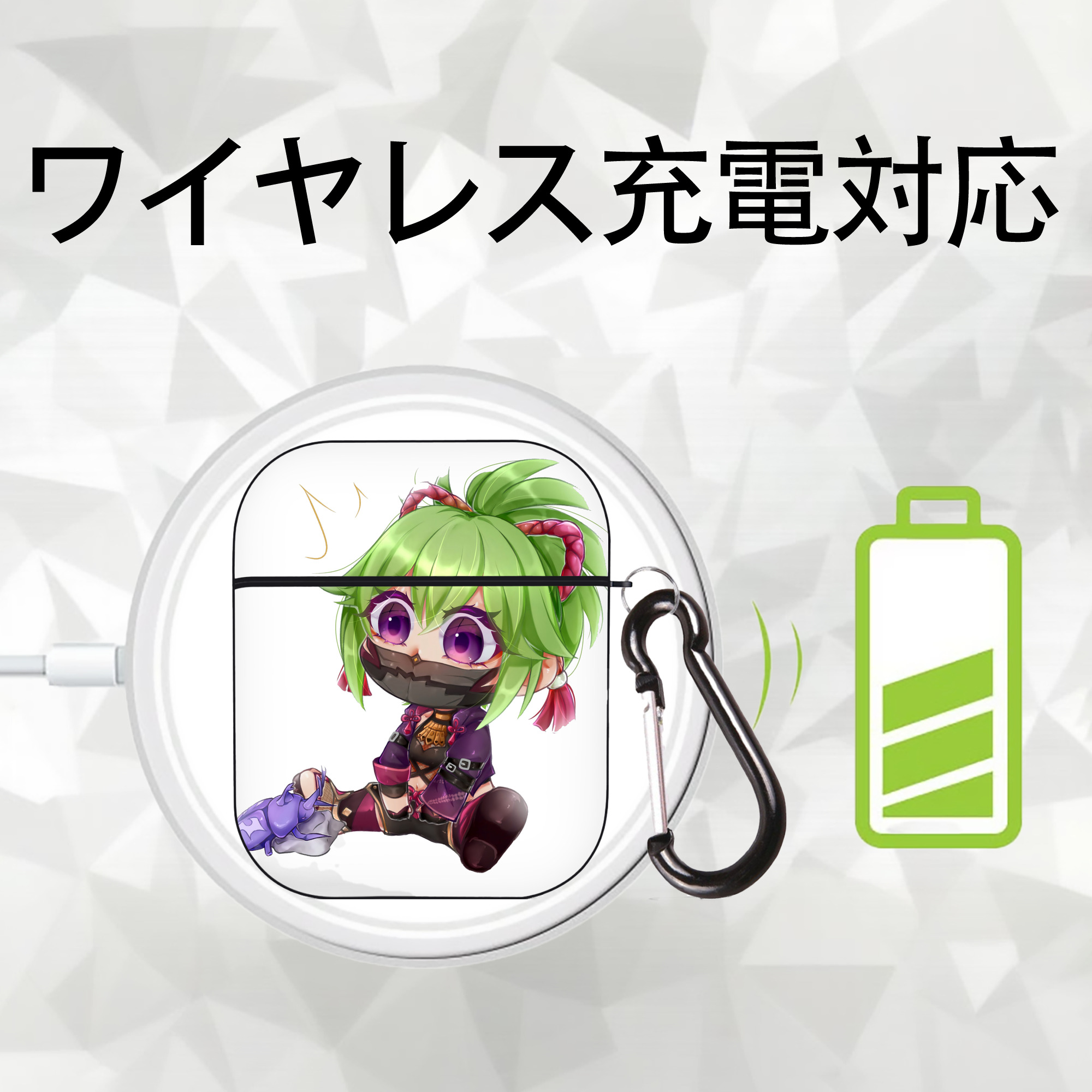 げんし神  久岐忍 くき しのぶ genshin Kuki Shinobu AirPods 第2世代保護ケース ハードシェル ブラック 耐衝撃・防指紋・カラビナ付き