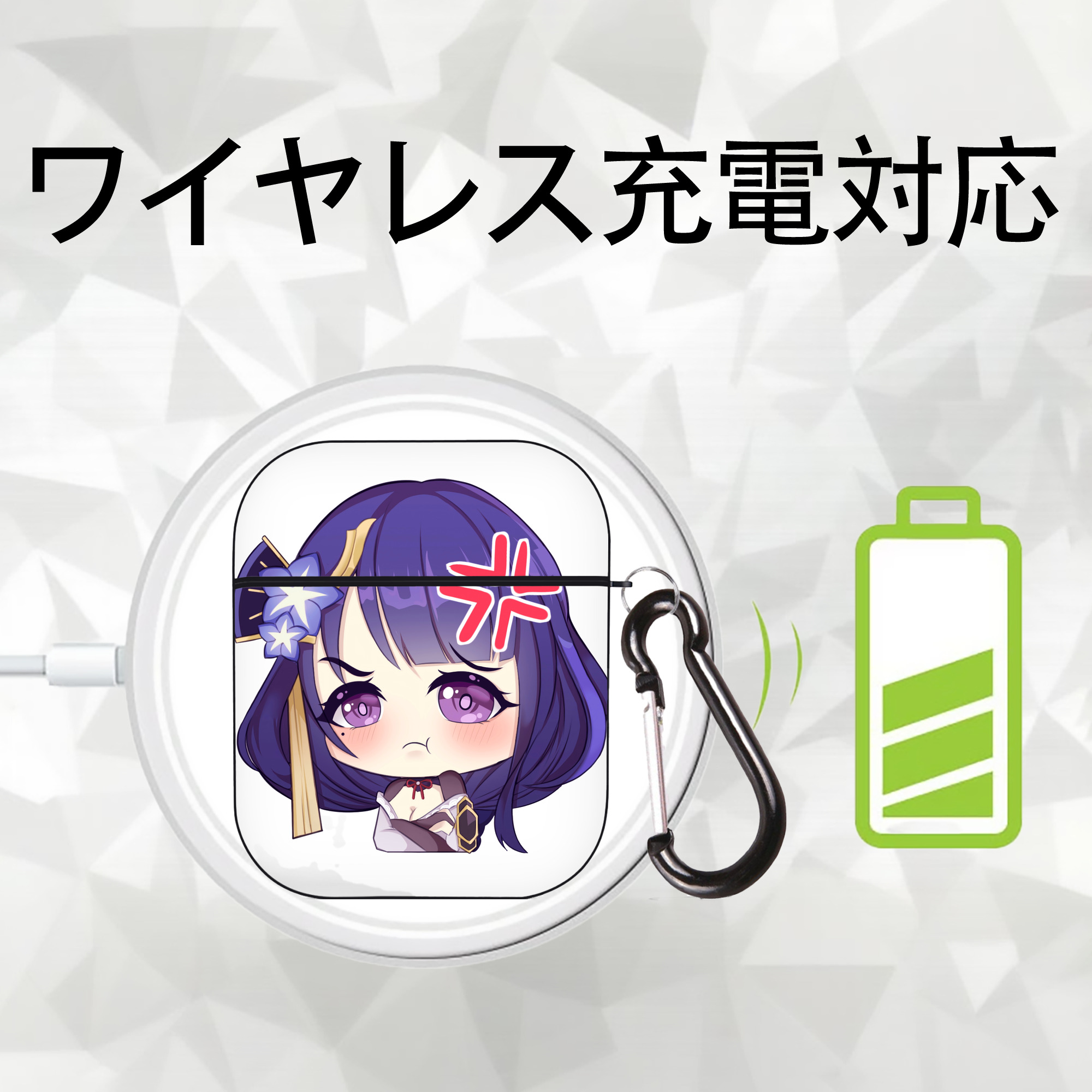 げんし神 雷電将軍 らいでんしょうぐん genshin Raiden Shogun AirPods 第2世代保護ケース ハードシェル ブラック 耐衝撃・防指紋・カラビナ付き