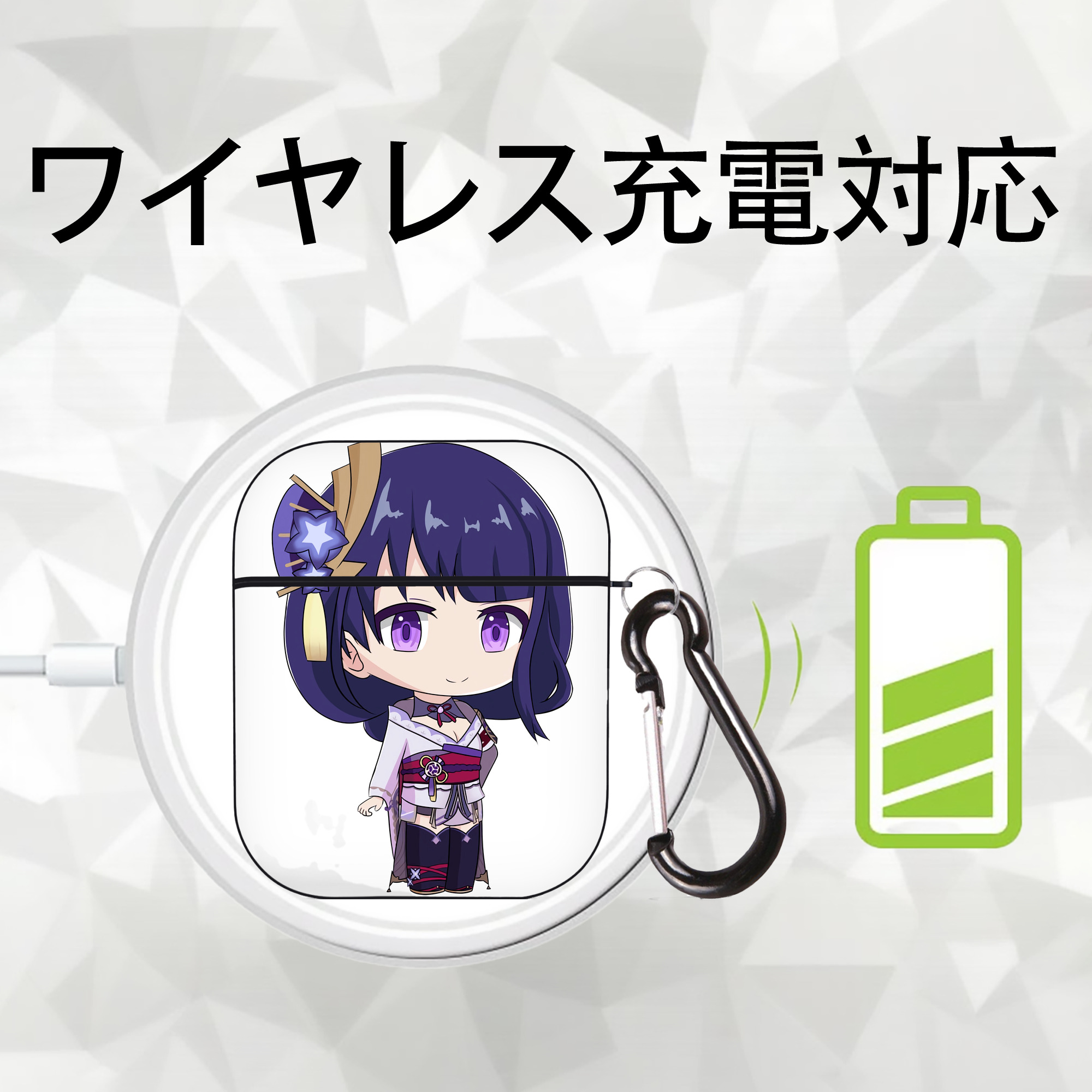 げんし神 雷電将軍 らいでんしょうぐん genshin Raiden Shogun AirPods 第2世代保護ケース ハードシェル ブラック 耐衝撃・防指紋・カラビナ付き