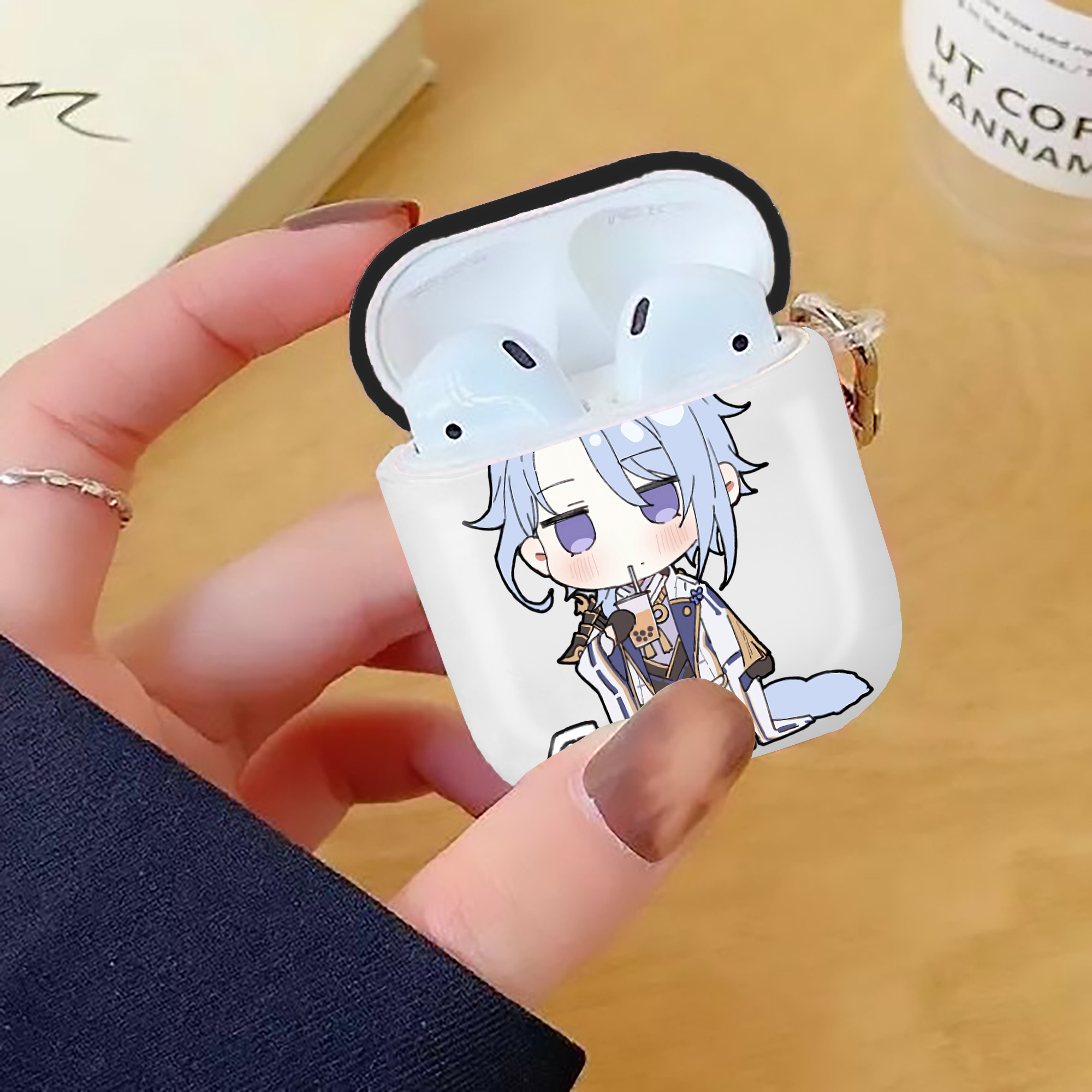 げんし神 神里綾人 かみさとあやと genshin Kamisato Ayato AirPods 第2世代保護ケース ハードシェル ブラック 耐衝撃・防指紋・カラビナ付き