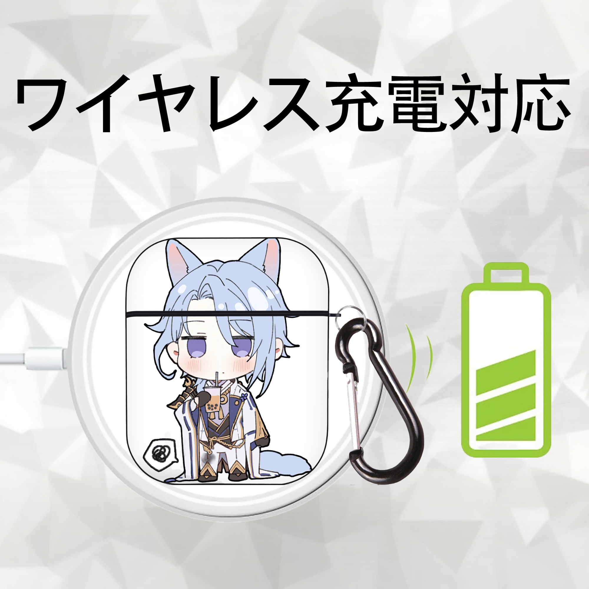 げんし神 神里綾人 かみさとあやと genshin Kamisato Ayato AirPods 第2世代保護ケース ハードシェル ブラック 耐衝撃・防指紋・カラビナ付き