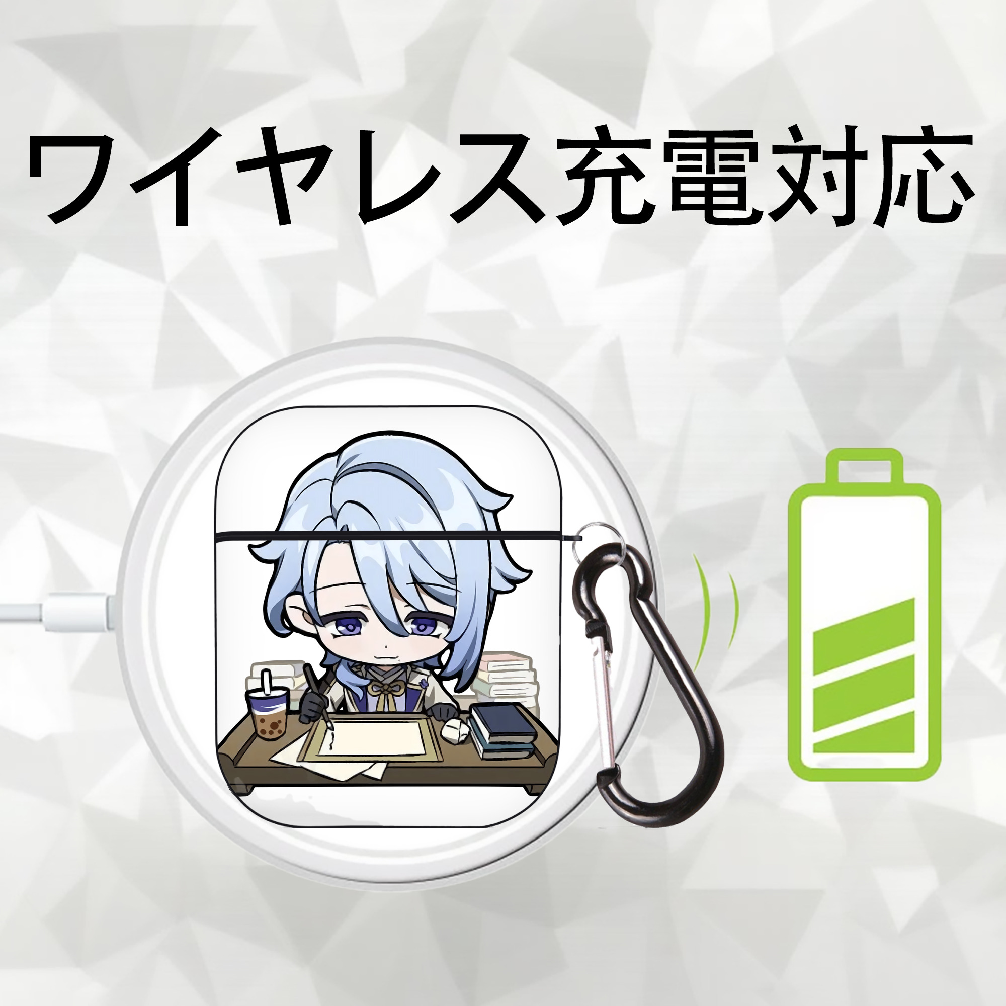 げんし神 神里綾人 かみさとあやと genshin Kamisato Ayato AirPods 第2世代保護ケース ハードシェル ブラック 耐衝撃・防指紋・カラビナ付き