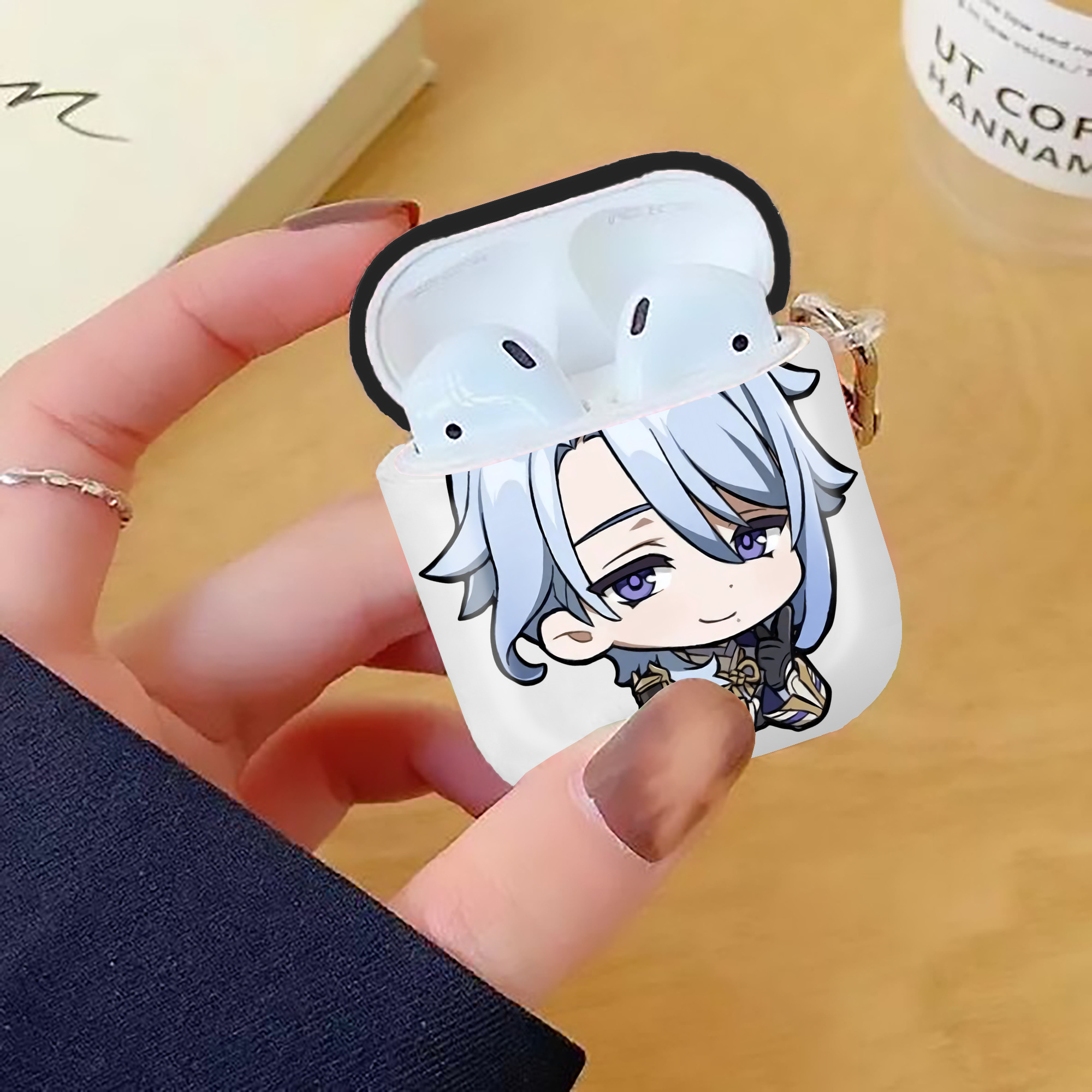 げんし神 神里綾人 かみさとあやと genshin Kamisato Ayato AirPods 第2世代保護ケース ハードシェル ブラック 耐衝撃・防指紋・カラビナ付き