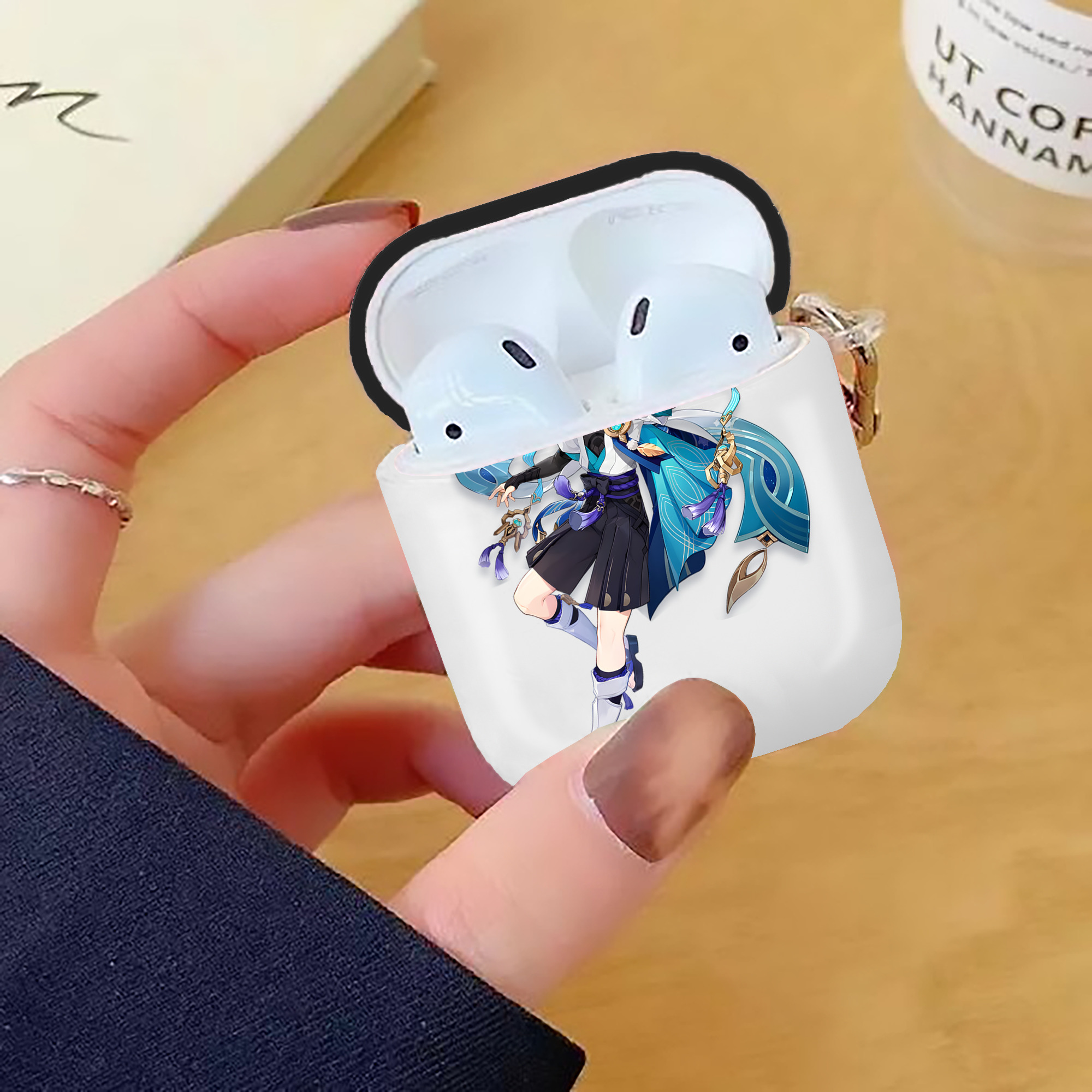 げんし神 さんペい genshin Sanpei AirPods 第2世代保護ケース ハードシェル ブラック 耐衝撃・防指紋・カラビナ付き