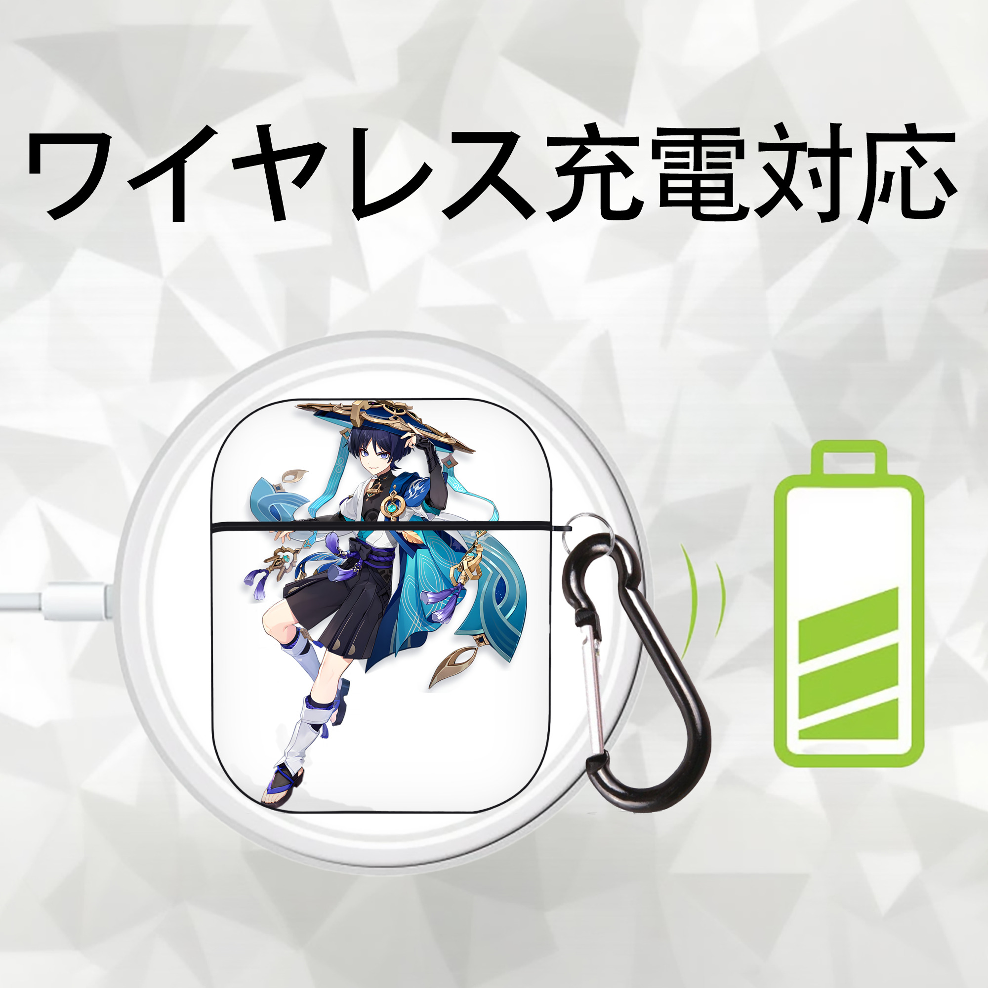 げんし神 さんペい genshin Sanpei AirPods 第2世代保護ケース ハードシェル ブラック 耐衝撃・防指紋・カラビナ付き