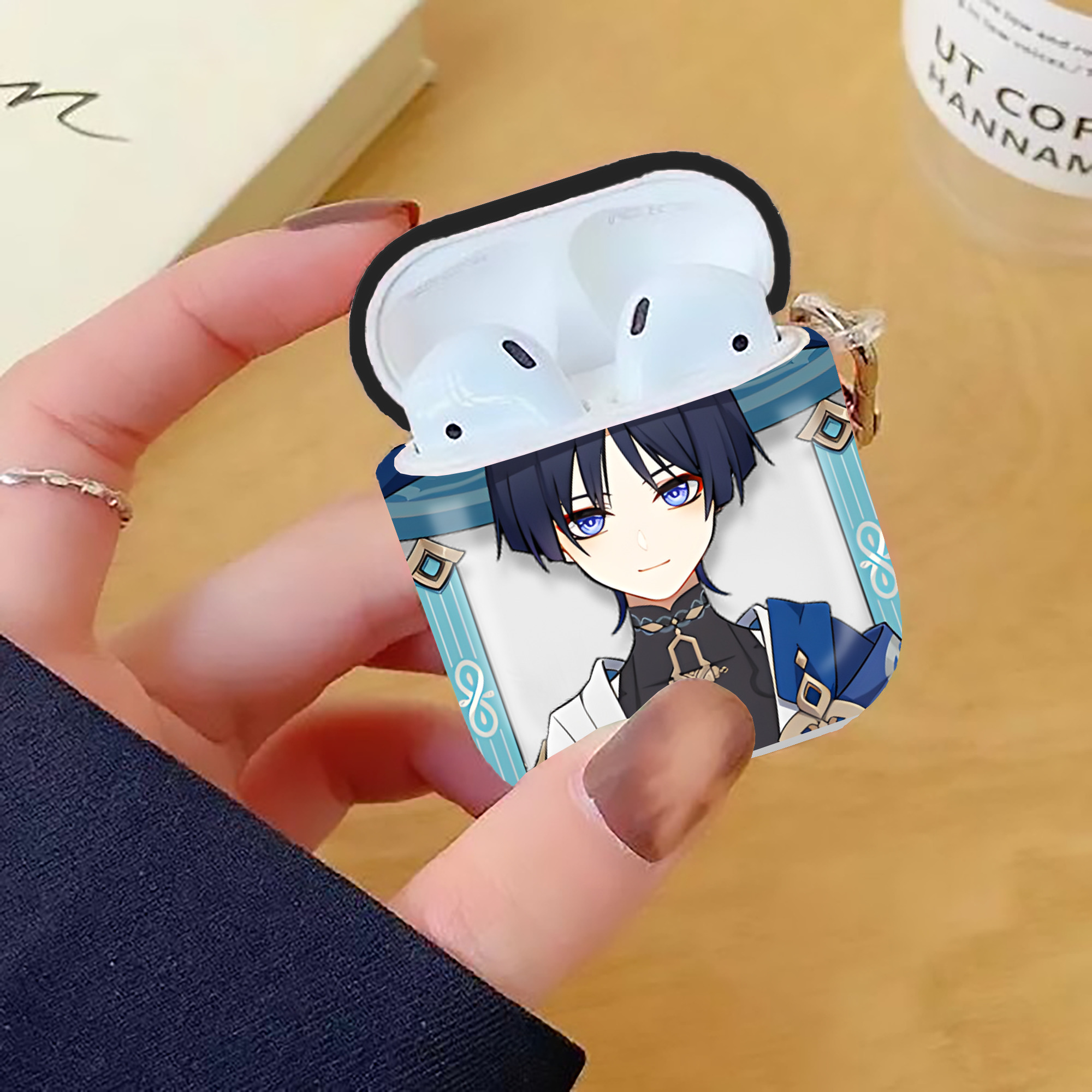 げんし神 さんペい genshin Sanpei AirPods 第2世代保護ケース ハードシェル ブラック 耐衝撃・防指紋・カラビナ付き