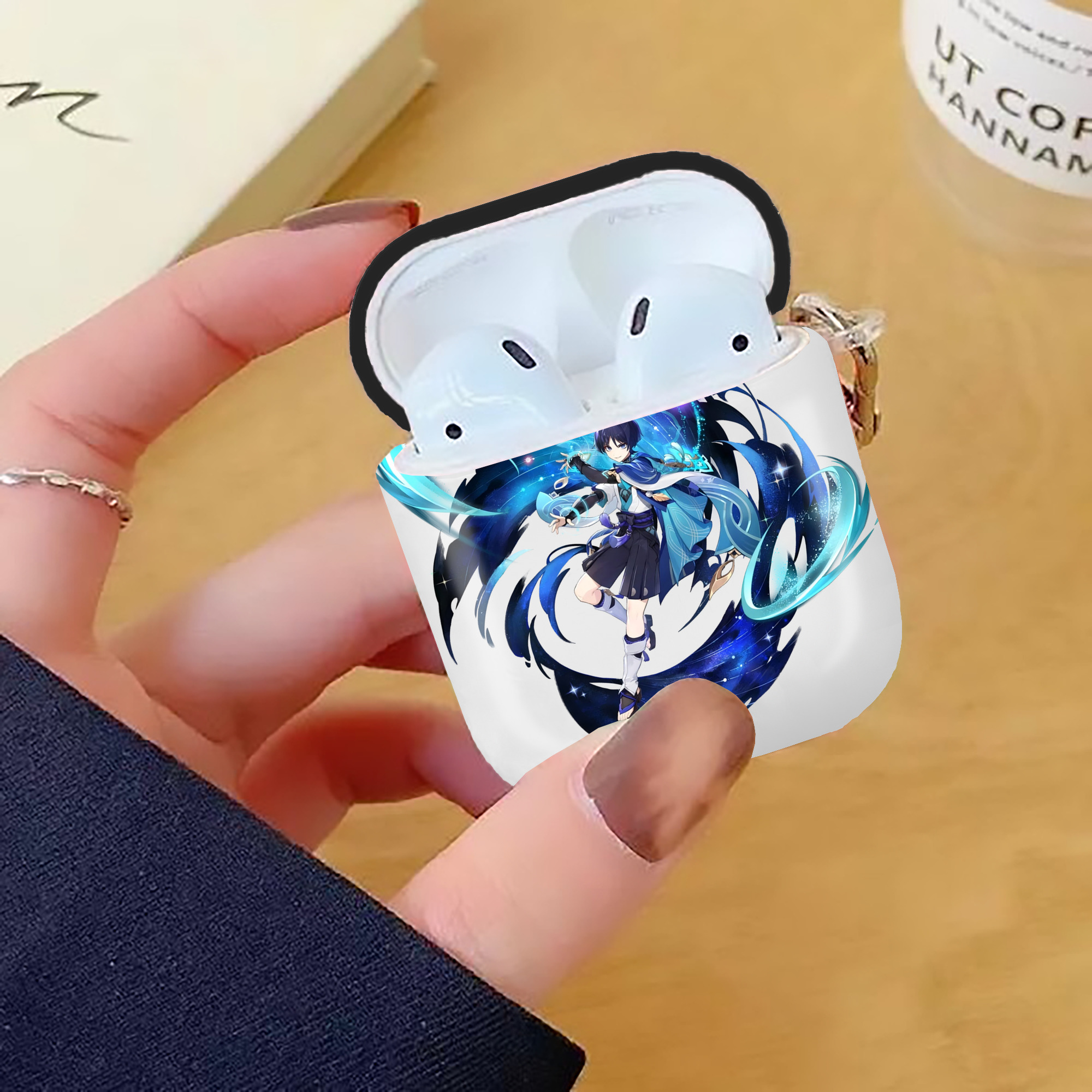 げんし神 さんペい genshin Sanpei AirPods 第2世代保護ケース ハードシェル ブラック 耐衝撃・防指紋・カラビナ付き