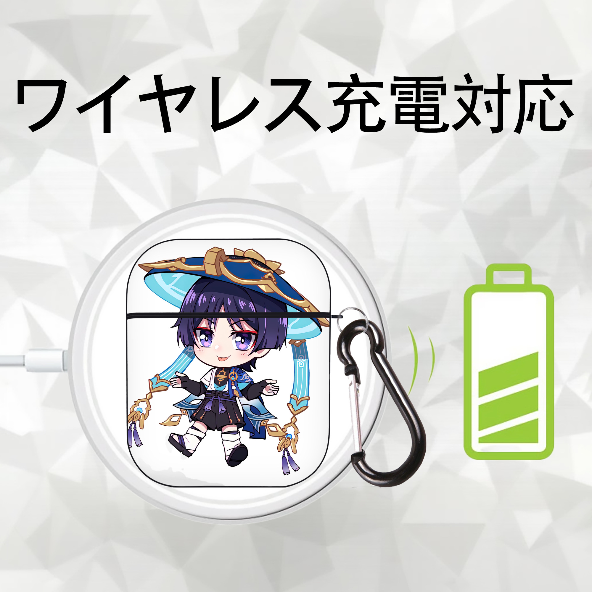 げんし神 さんペい genshin Sanpei AirPods 第2世代保護ケース ハードシェル ブラック 耐衝撃・防指紋・カラビナ付き