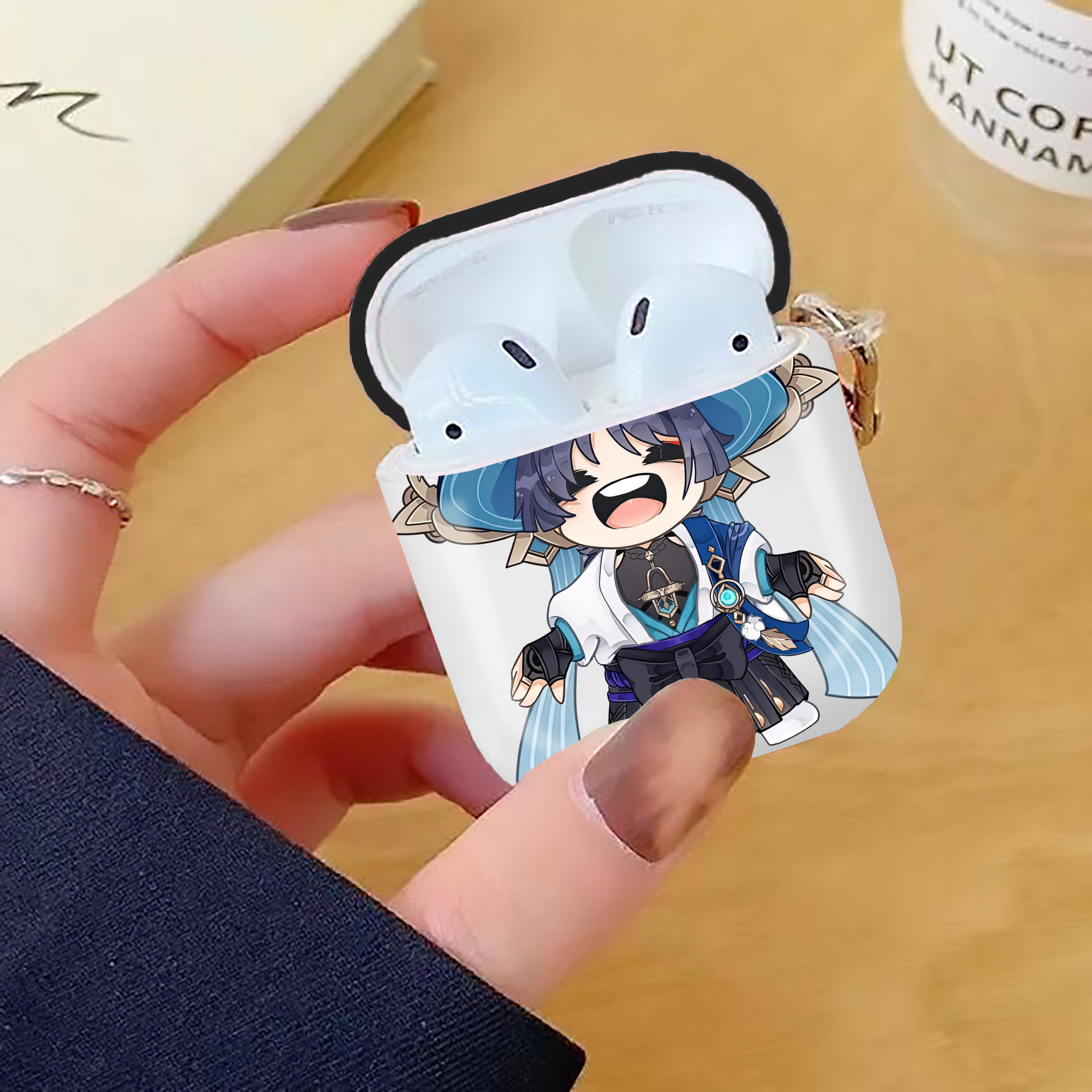 げんし神 さんペい genshin Sanpei AirPods 第2世代保護ケース ハードシェル ブラック 耐衝撃・防指紋・カラビナ付き